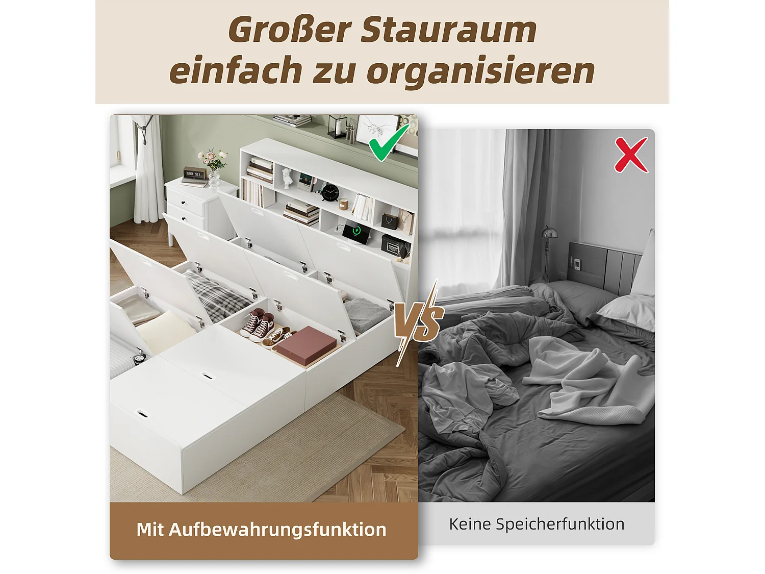 Kinderbett mit Stauraum – 140 x 200 cm – mit USB-Anschluss und Kopfteil mit Stauraum – MDF – weiß