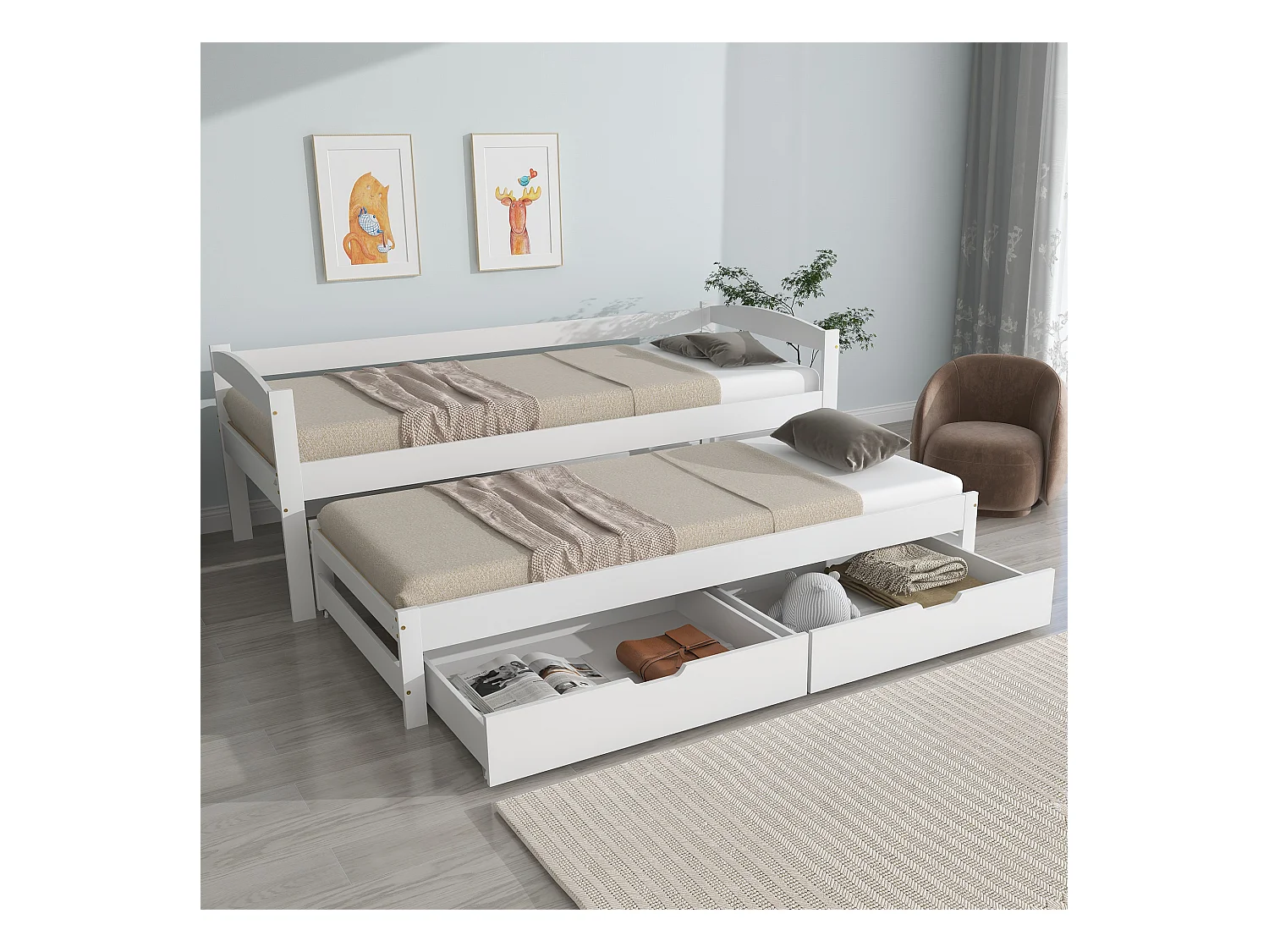 Canapé-lit enfant - 90 x 190/200 cm - avec lit gigogne + avec 2 tiroirs - bois + MDF - blanc