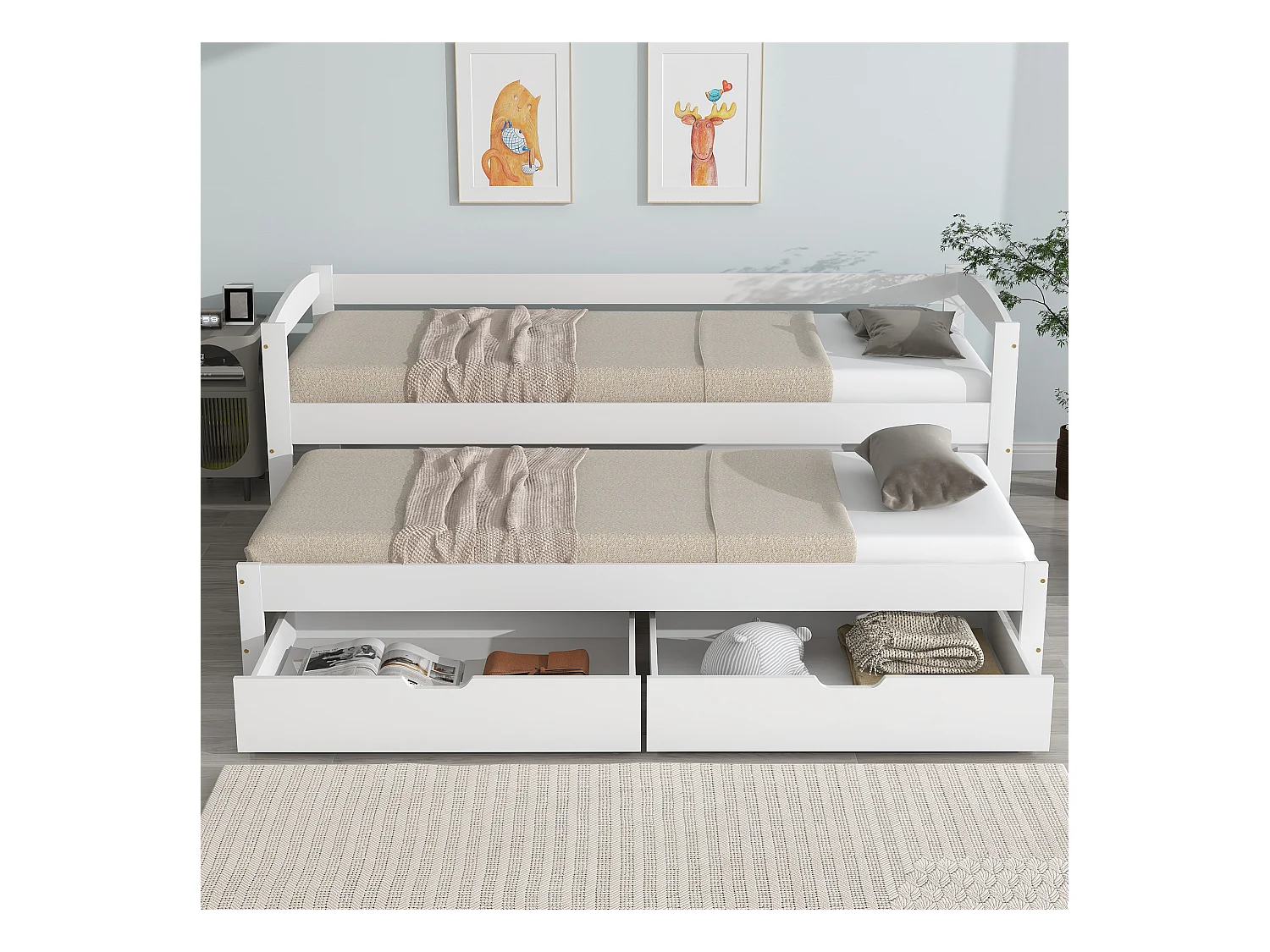 Canapé-lit enfant - 90 x 190/200 cm - avec lit gigogne + avec 2 tiroirs - bois + MDF - blanc