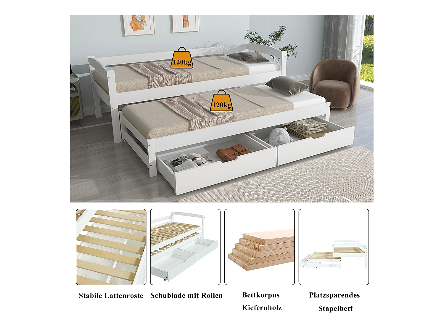 Canapé-lit enfant - 90 x 190/200 cm - avec lit gigogne + avec 2 tiroirs - bois + MDF - blanc