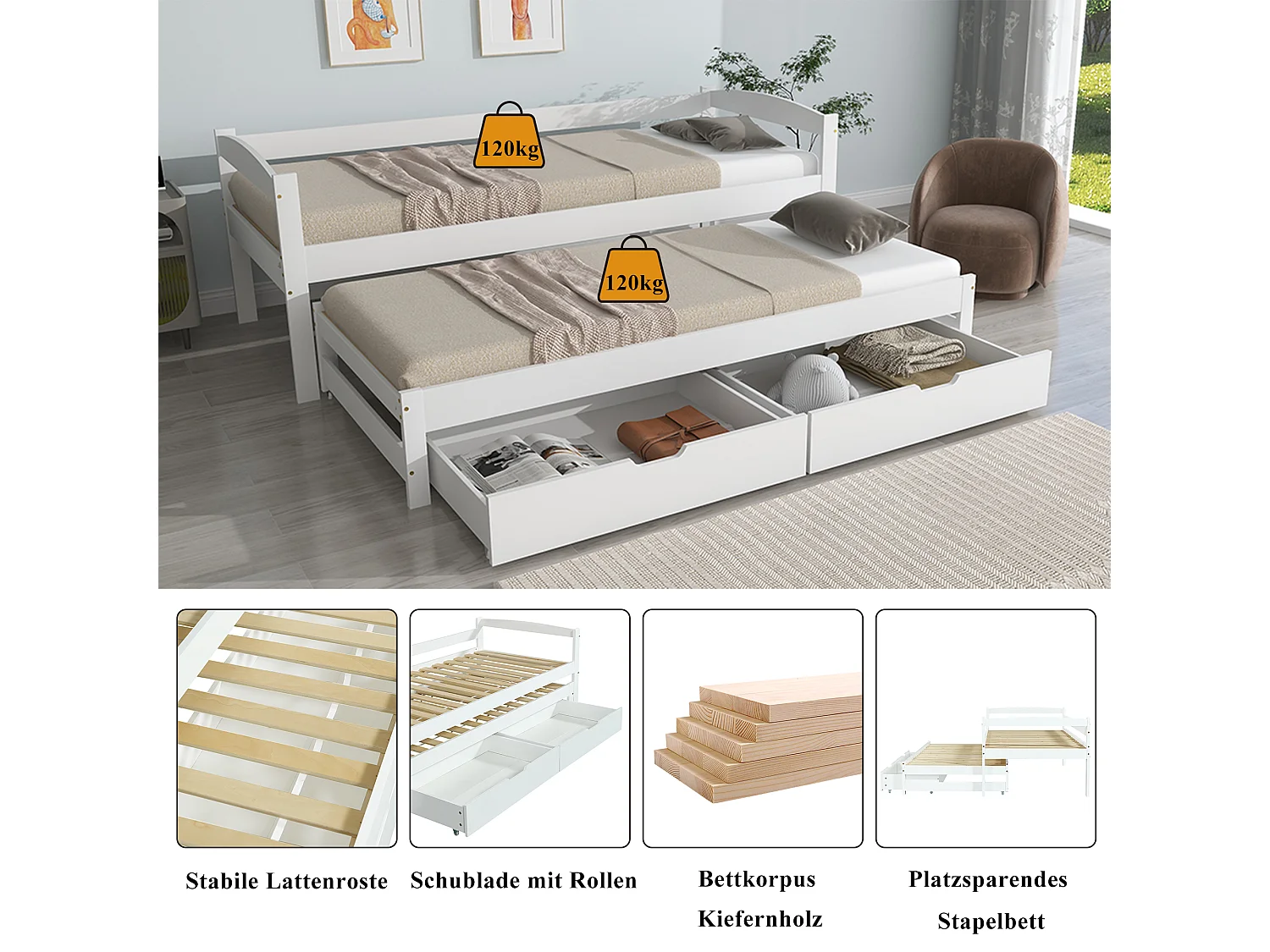Canapé-lit enfant - 90 x 190/200 cm - avec lit gigogne + avec 2 tiroirs - bois + MDF - blanc