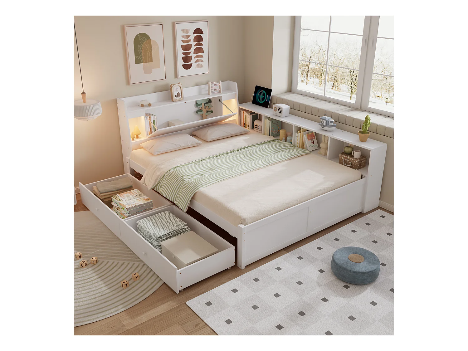 Lit coffre double - 140 x 200 cm - tête de lit avec rangements + 2 lumières - placards latéraux + tiroir - aggloméré + MDF - blanc