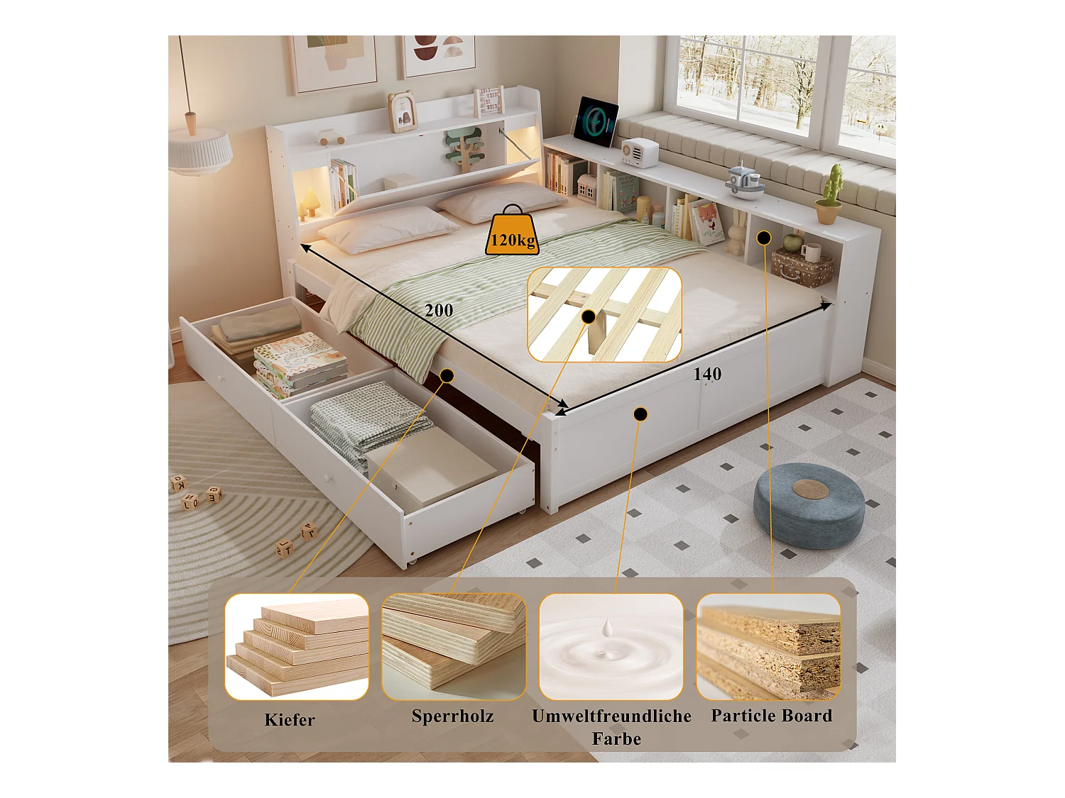 Lit coffre double - 140 x 200 cm - tête de lit avec rangements + 2 lumières - placards latéraux + tiroir - aggloméré + MDF - blanc