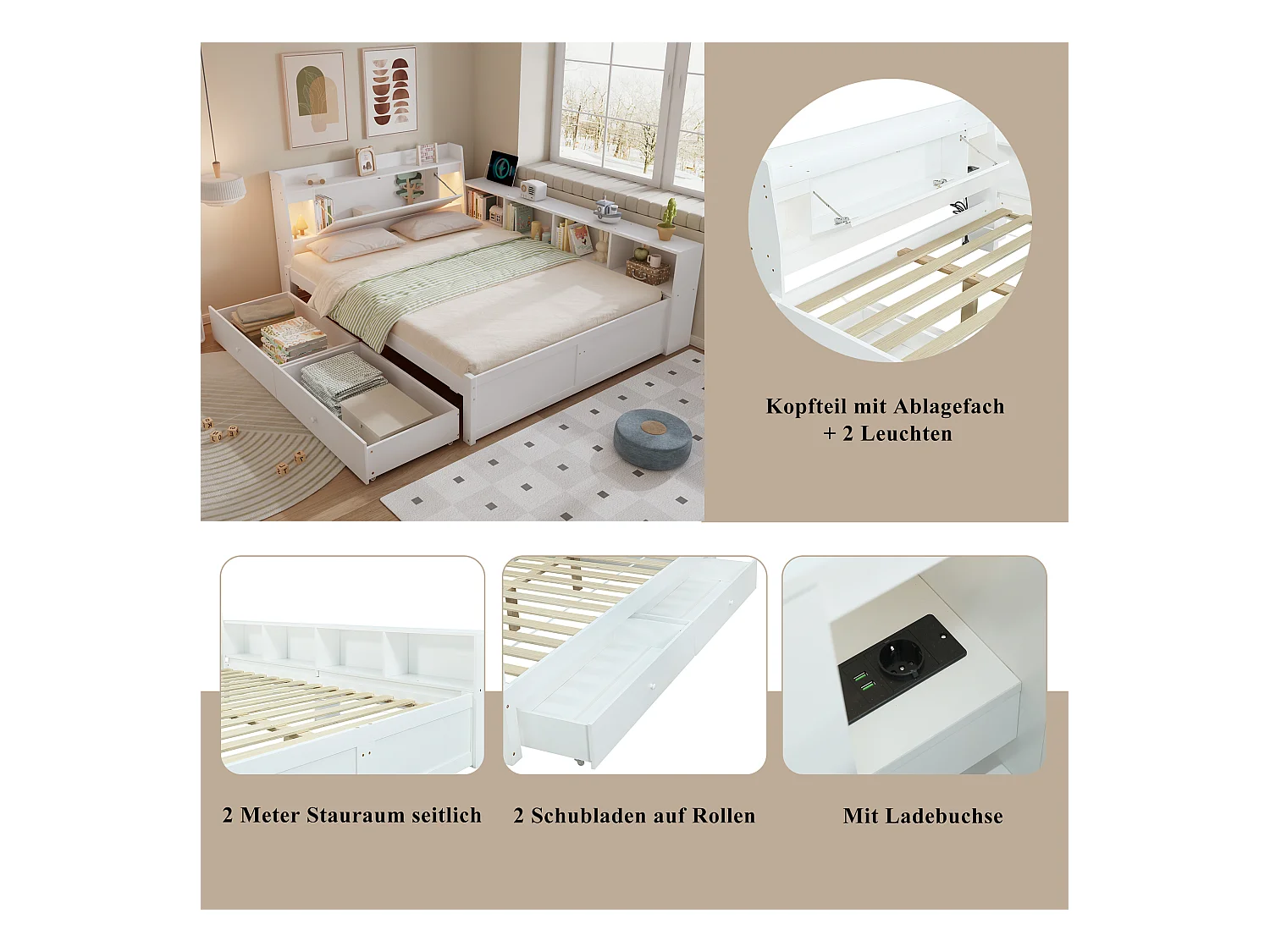 Lit coffre double - 140 x 200 cm - tête de lit avec rangements + 2 lumières - placards latéraux + tiroir - aggloméré + MDF - blanc