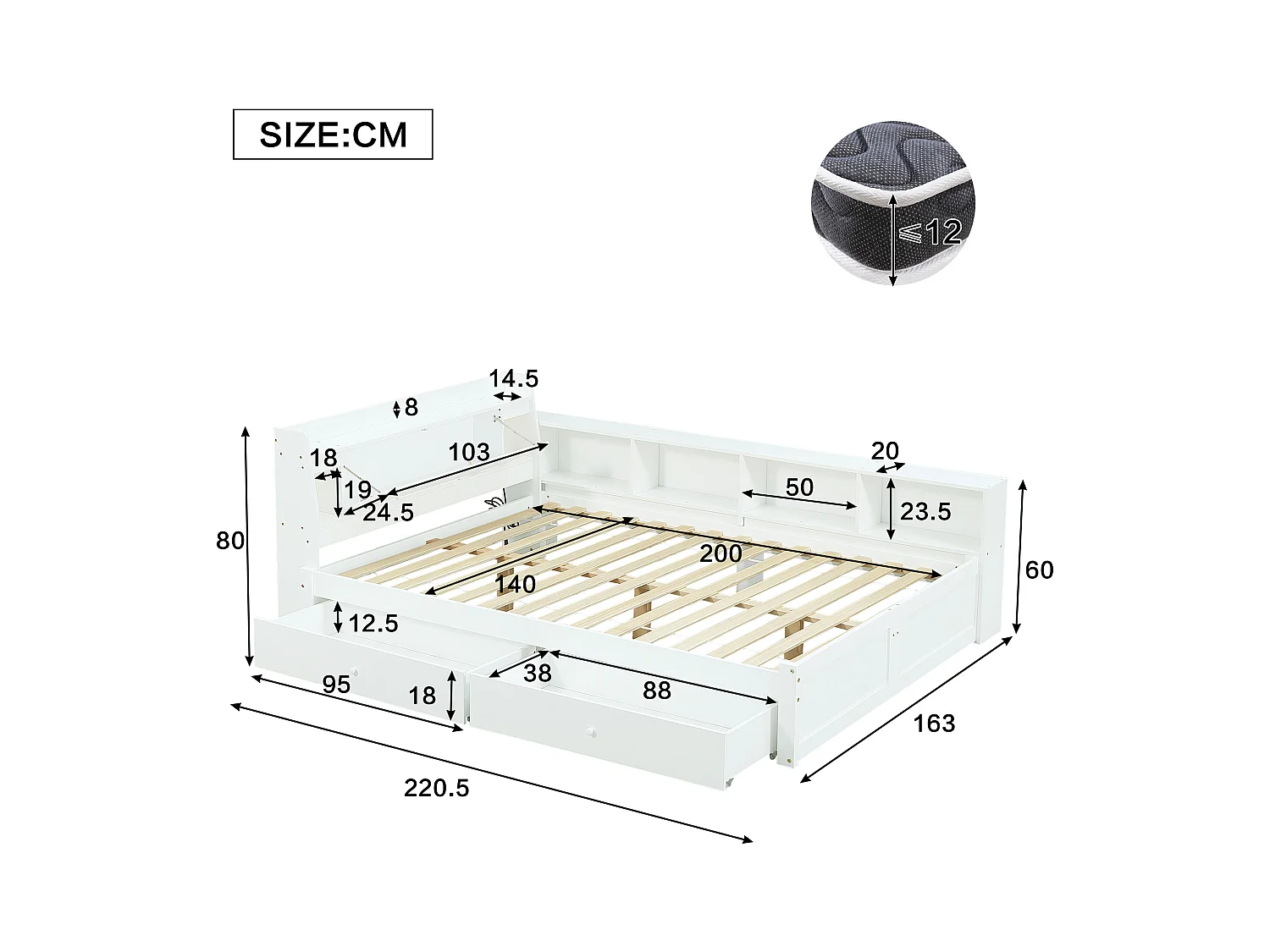 Lit coffre double - 140 x 200 cm - tête de lit avec rangements + 2 lumières - placards latéraux + tiroir - aggloméré + MDF - blanc
