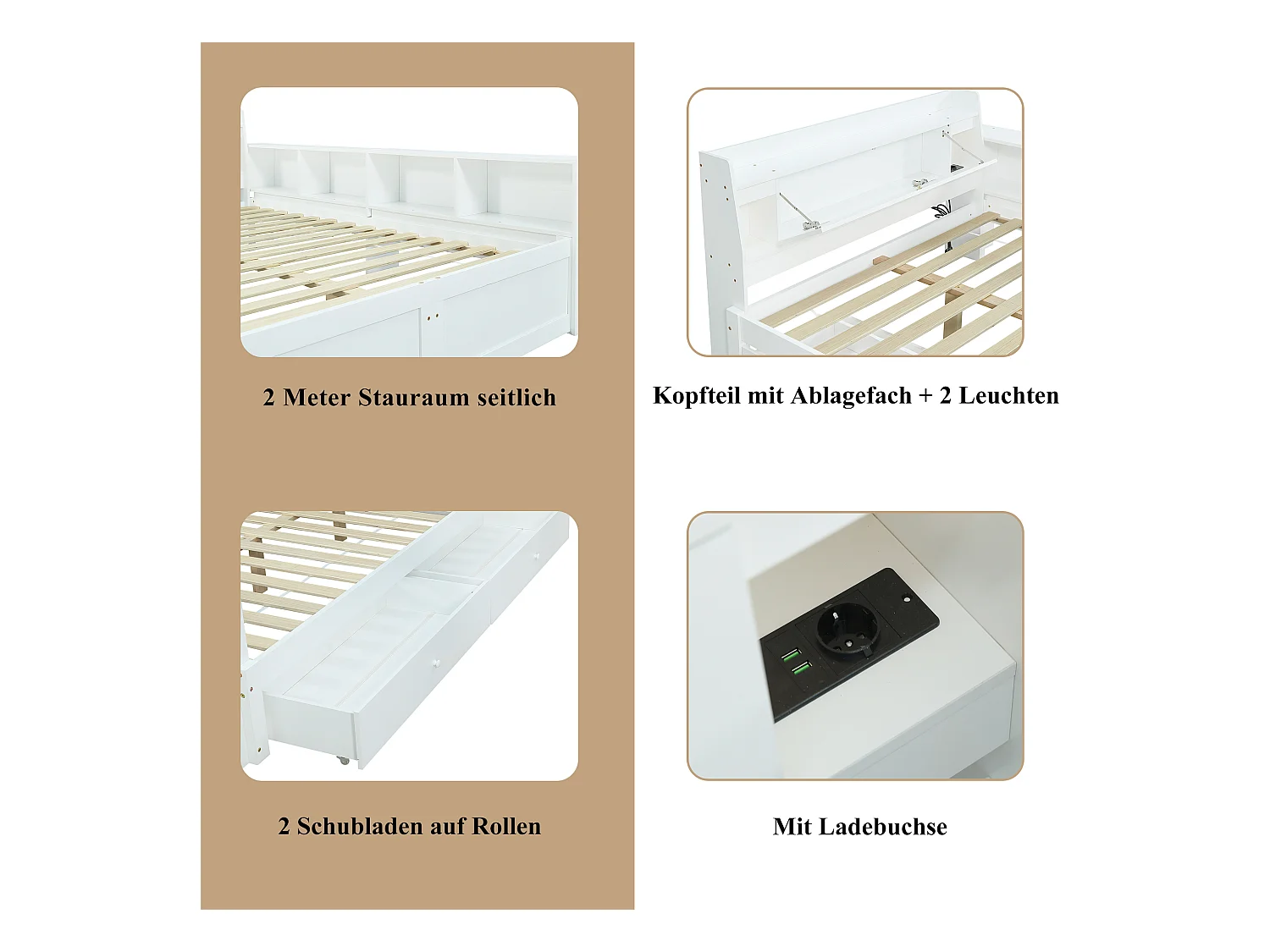 Lit coffre double - 140 x 200 cm - tête de lit avec rangements + 2 lumières - placards latéraux + tiroir - aggloméré + MDF - blanc