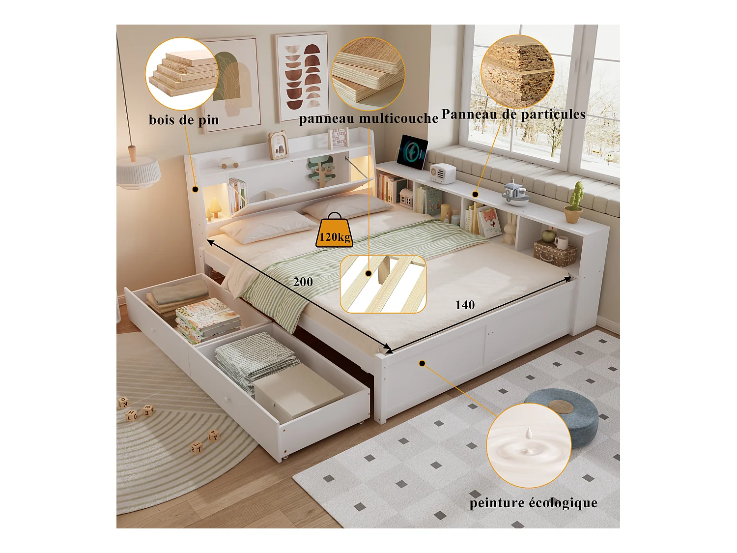 Lit coffre double - 140 x 200 cm - tête de lit avec rangements + 2 lumières - placards latéraux + tiroir - aggloméré + MDF - blanc