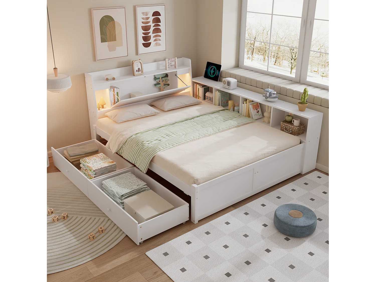 Tweepersoonsbed met opbergruimte - 140 x 200 cm - hoofdeinde met opbergruimte + 2 lampen - zijkastjes + lade - spaanplaat + MDF - wit