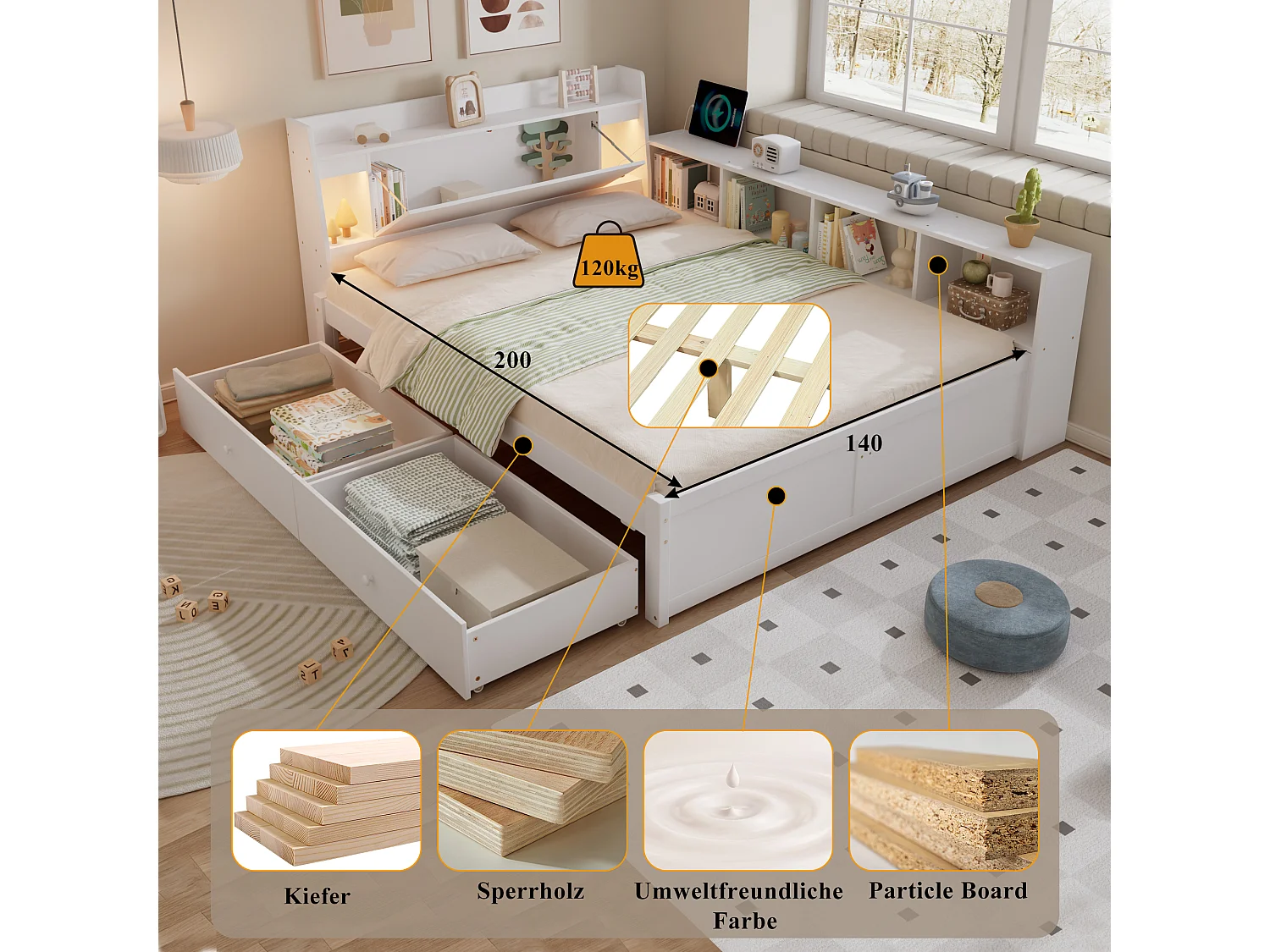 Tweepersoonsbed met opbergruimte - 140 x 200 cm - hoofdeinde met opbergruimte + 2 lampen - zijkastjes + lade - spaanplaat + MDF - wit