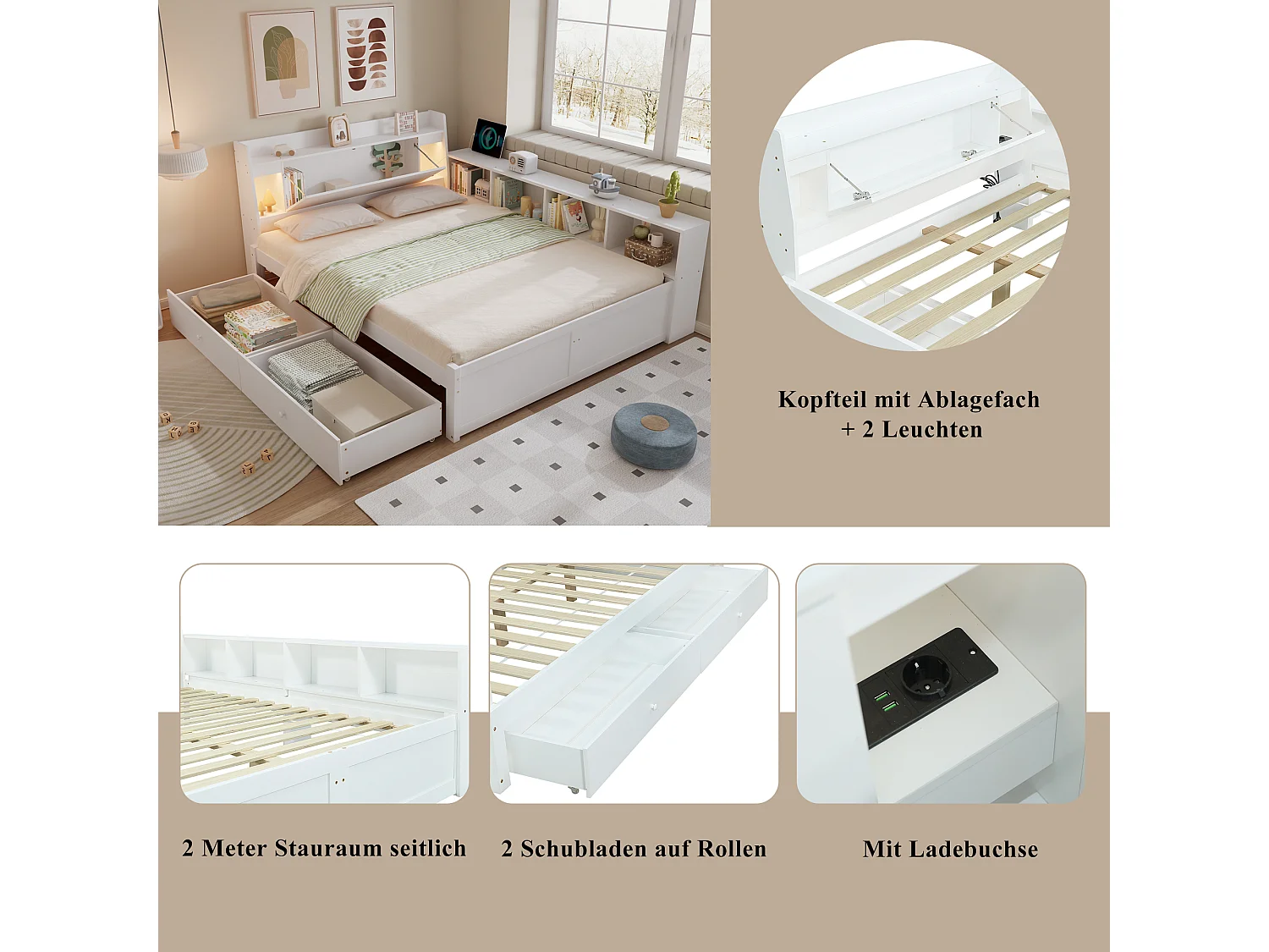 Tweepersoonsbed met opbergruimte - 140 x 200 cm - hoofdeinde met opbergruimte + 2 lampen - zijkastjes + lade - spaanplaat + MDF - wit