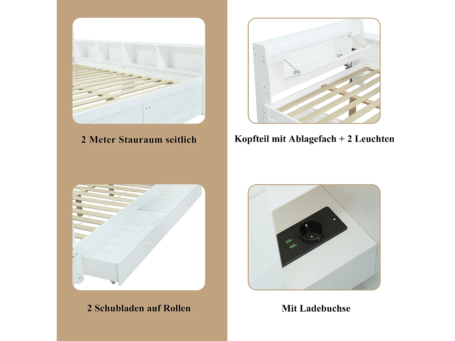 Tweepersoonsbed met opbergruimte - 140 x 200 cm - hoofdeinde met opbergruimte + 2 lampen - zijkastjes + lade - spaanplaat + MDF - wit