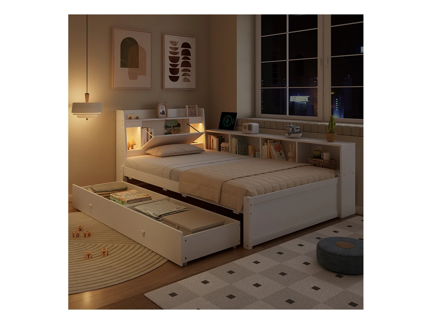 Lit coffre double - 90 x 200 cm - tête de lit avec rangements + 2 lumières - placards latéraux + tiroir - aggloméré + MDF - blanc