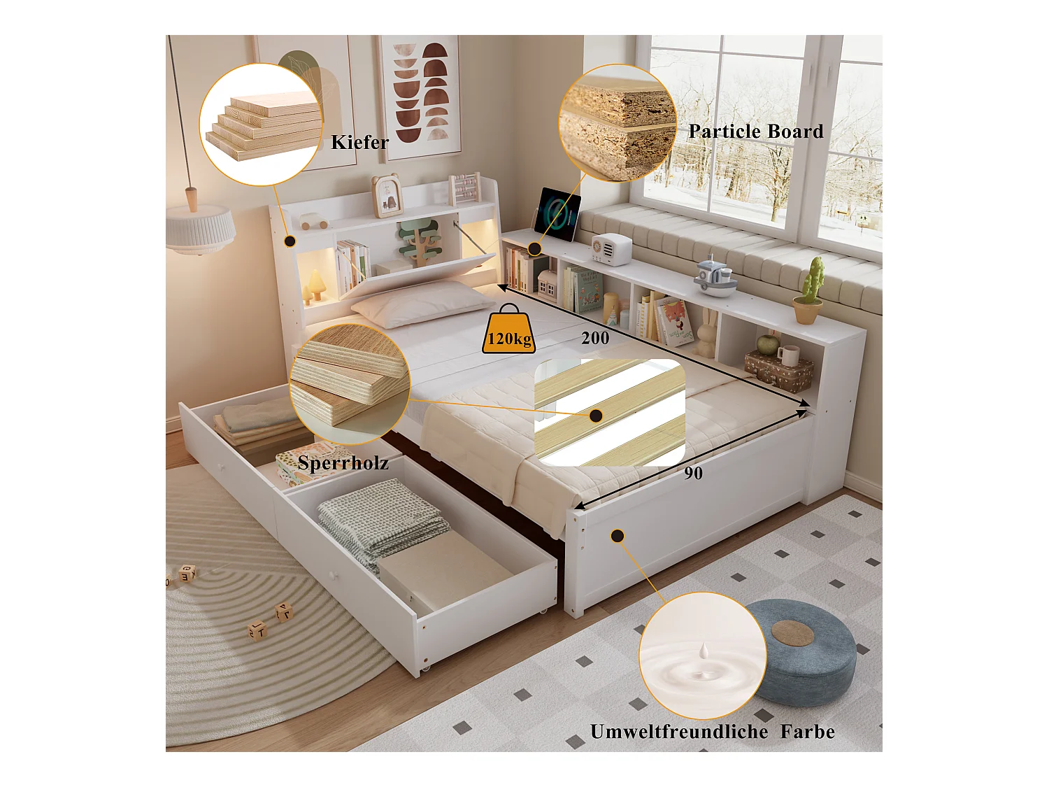 Lit coffre double - 90 x 200 cm - tête de lit avec rangements + 2 lumières - placards latéraux + tiroir - aggloméré + MDF - blanc