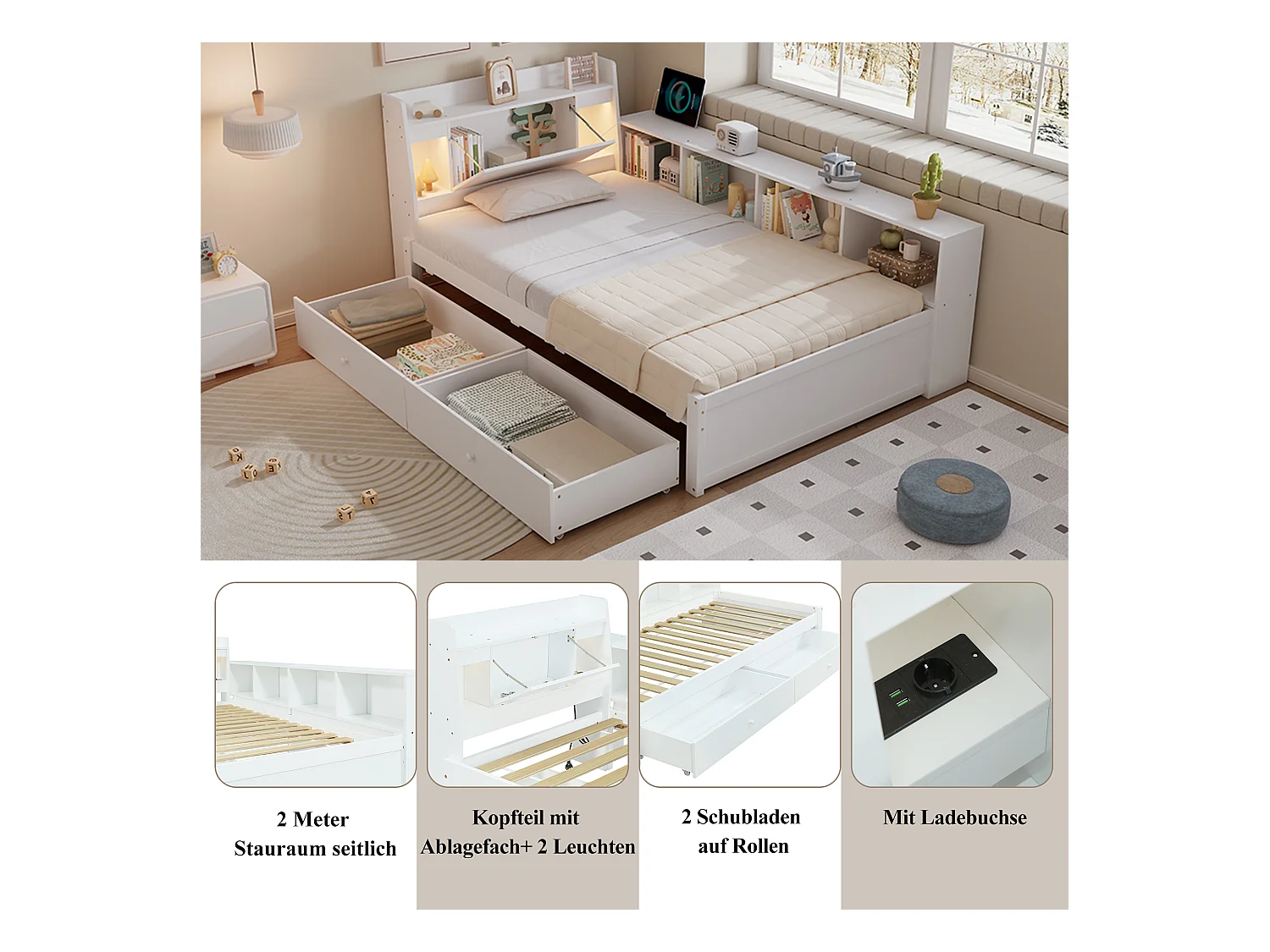 Lit coffre double - 90 x 200 cm - tête de lit avec rangements + 2 lumières - placards latéraux + tiroir - aggloméré + MDF - blanc