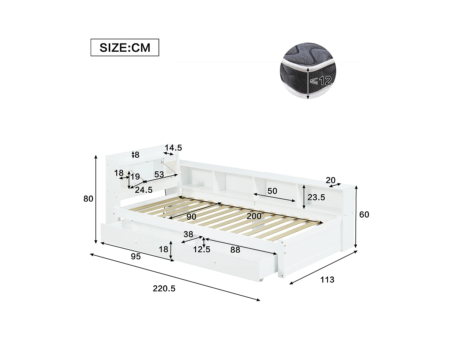 Lit coffre double - 90 x 200 cm - tête de lit avec rangements + 2 lumières - placards latéraux + tiroir - aggloméré + MDF - blanc