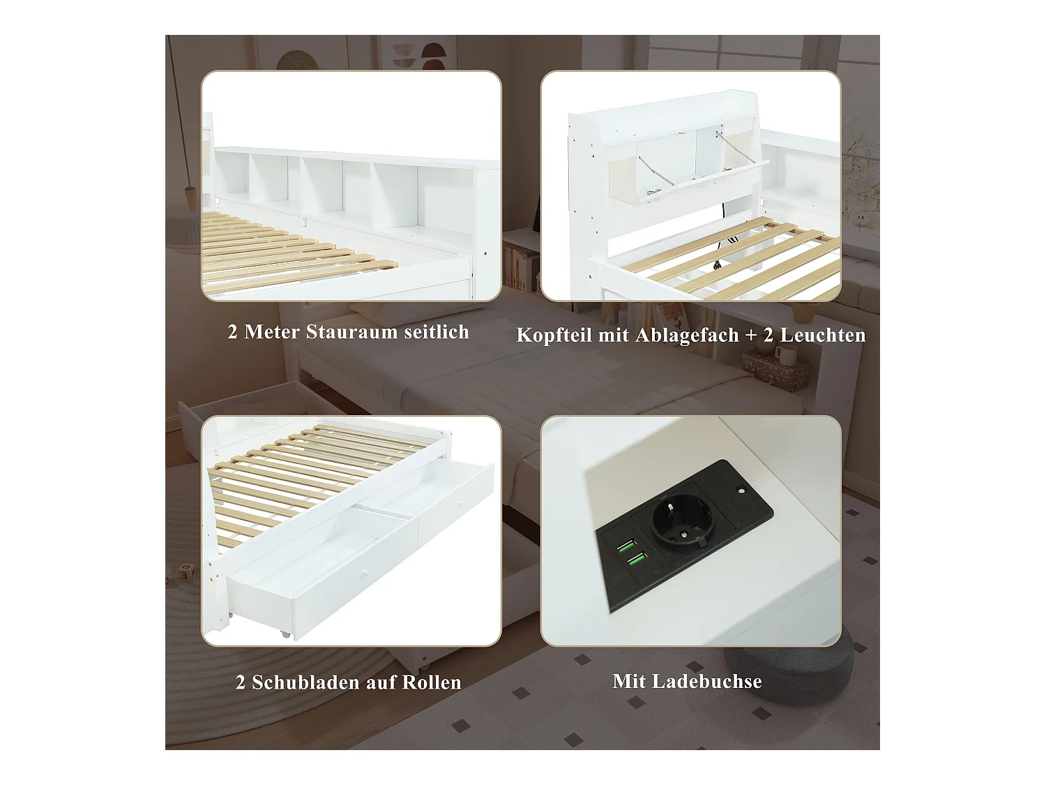 Lit coffre double - 90 x 200 cm - tête de lit avec rangements + 2 lumières - placards latéraux + tiroir - aggloméré + MDF - blanc