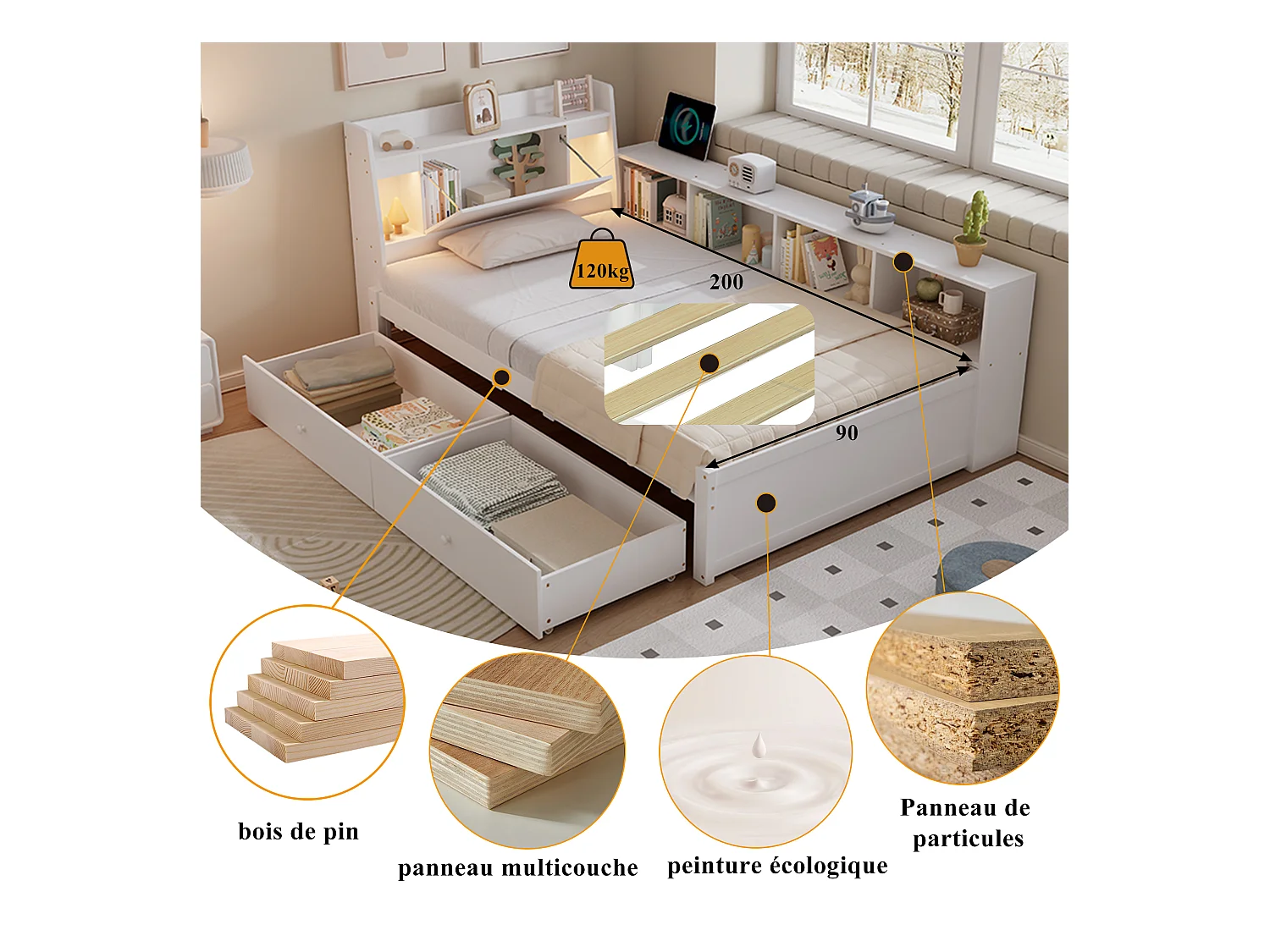 Lit coffre double - 90 x 200 cm - tête de lit avec rangements + 2 lumières - placards latéraux + tiroir - aggloméré + MDF - blanc