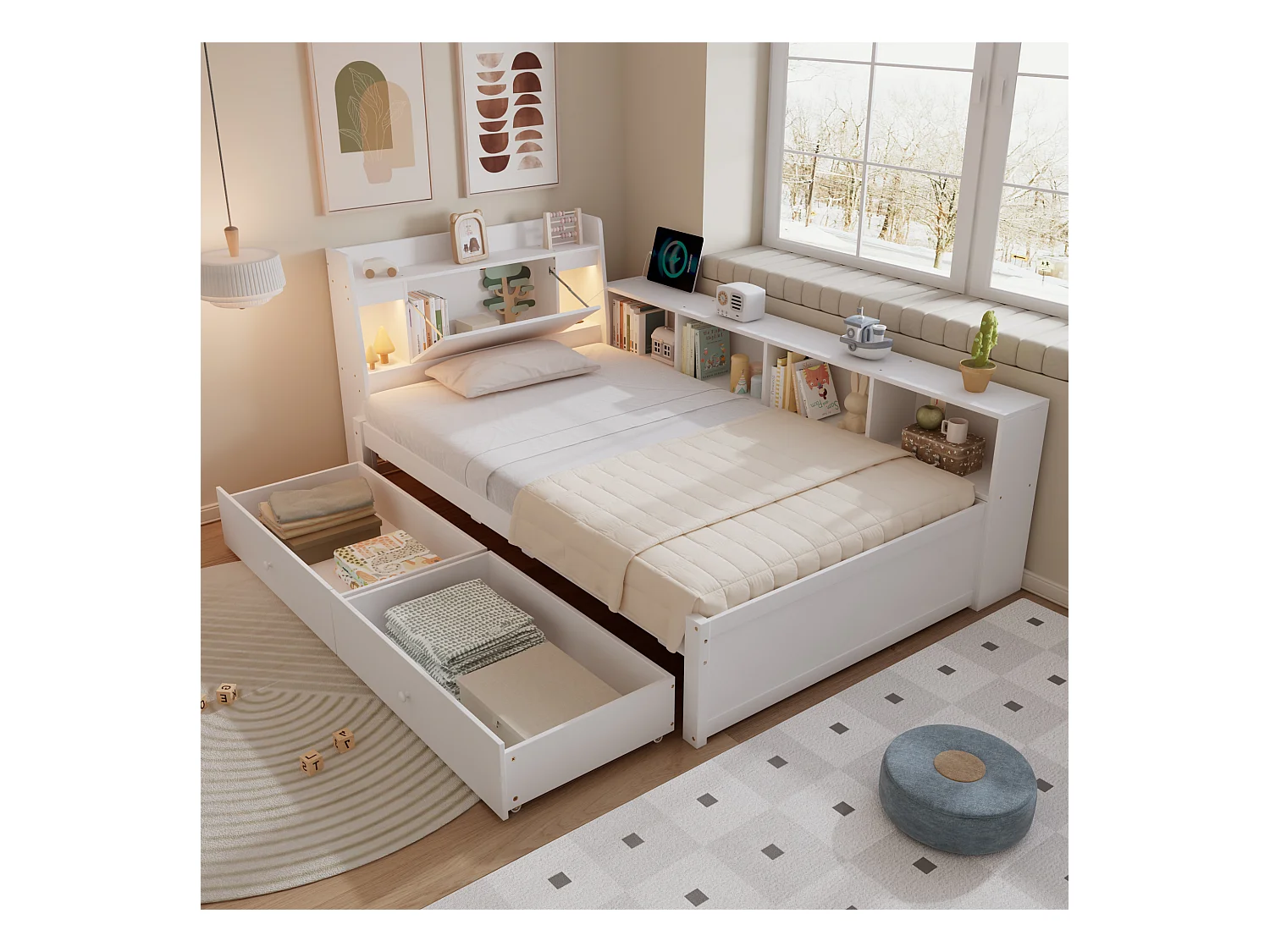 Cama de casal com arrumação - 90 x 200 cm - cabeceira com arrumação + 2 luzes - laterais Armários + gaveta - aglomerado + MDF - branco