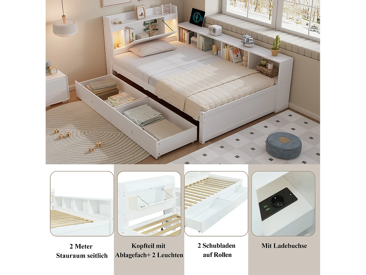 Tweepersoonsbed met opbergruimte - 90 x 200 cm - hoofdeinde met opbergruimte + 2 lampen - zijkastjes Kasten + lade - spaanplaat + MDF - wit