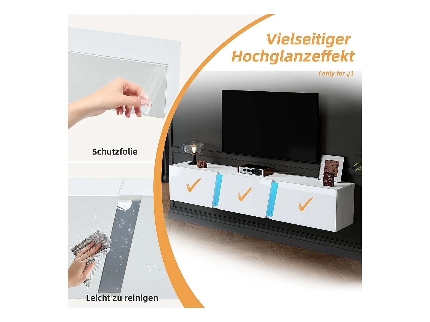 Meuble TV suspendu - 180 x 35 x 30 cm -  avec Leds + 3 portes - pour TV 75 pouces - Aggloméré + Acrylique - blanc