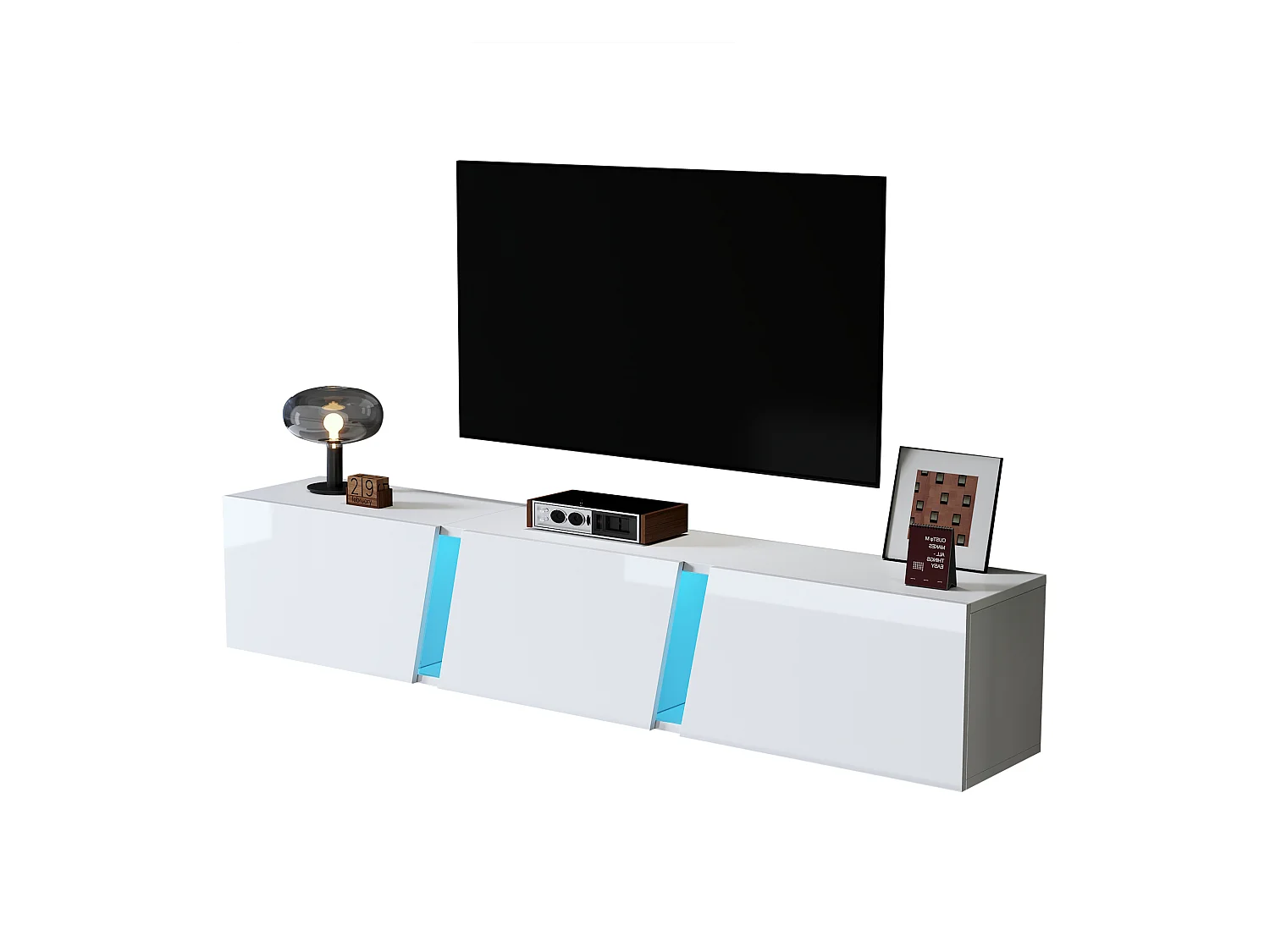 Meuble TV suspendu - 180 x 35 x 30 cm -  avec Leds + 3 portes - pour TV 75 pouces - Aggloméré + Acrylique - blanc