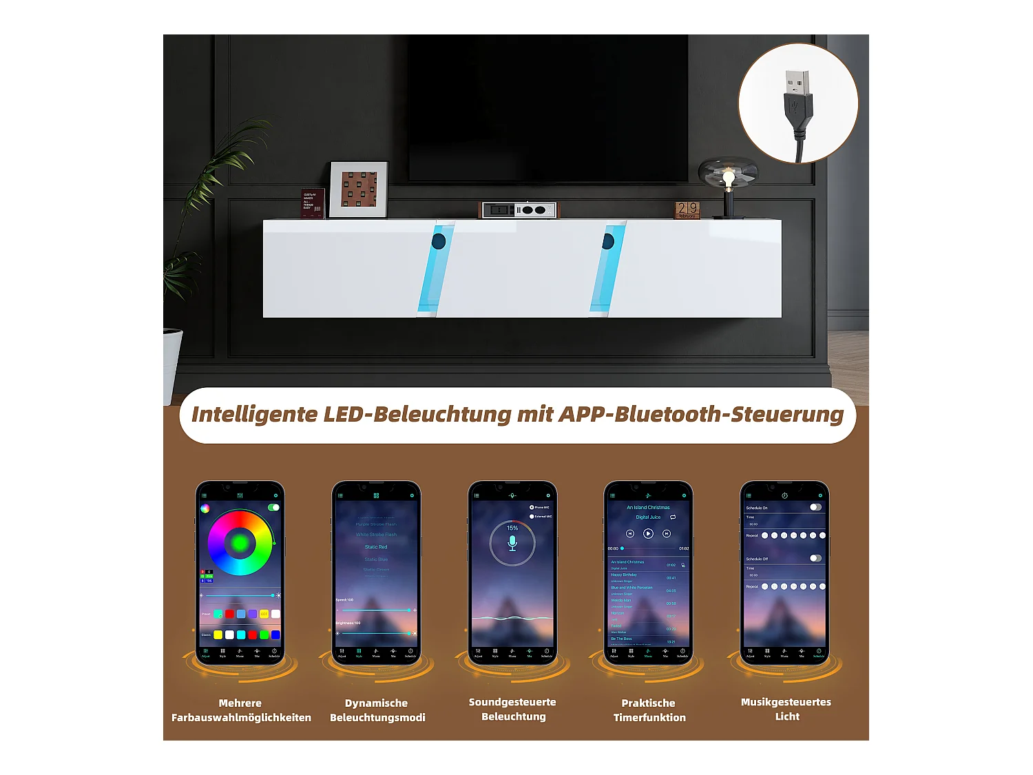 Meuble TV suspendu - 180 x 35 x 30 cm -  avec Leds + 3 portes - pour TV 75 pouces - Aggloméré + Acrylique - blanc