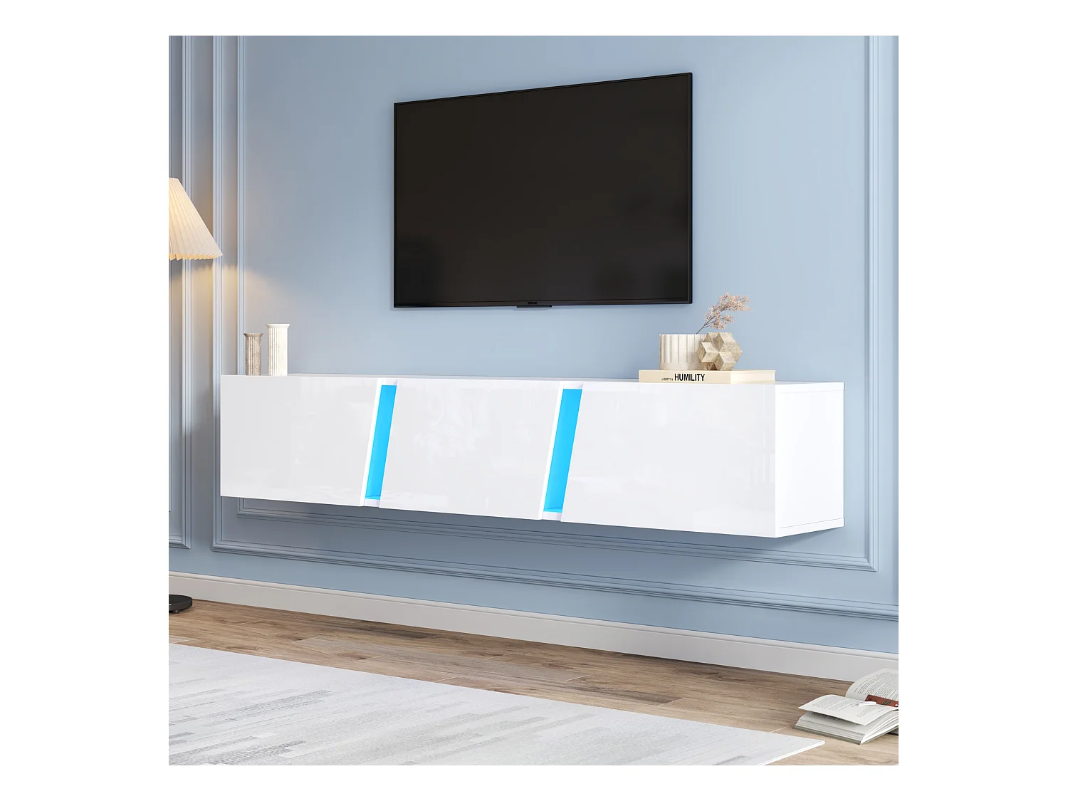 Meuble TV suspendu - 180 x 35 x 30 cm -  avec Leds + 3 portes - pour TV 75 pouces - Aggloméré + Acrylique - blanc