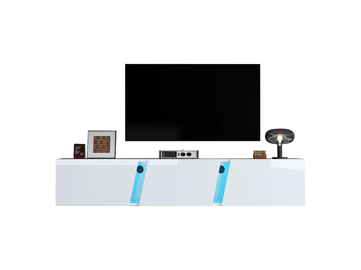 Mueble de TV de pared - 180 x 35 x 30 cm - con LED + 3 puertas - para TV de 75 pulgadas - Aglomerado + Acrílico - blanco