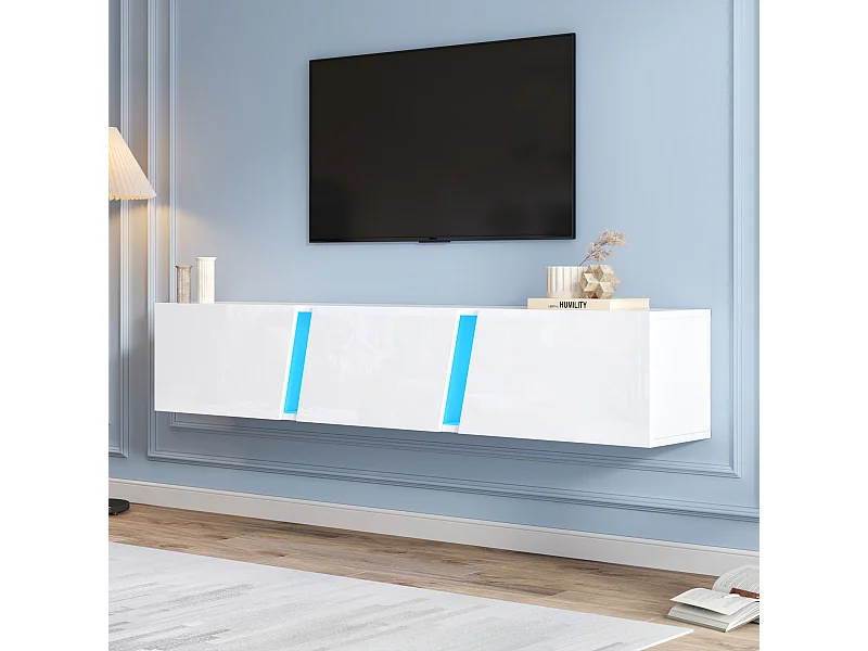 Mueble de TV de pared - 180 x 35 x 30 cm - con LED + 3 puertas - para TV de 75 pulgadas - Aglomerado + Acrílico - blanco
