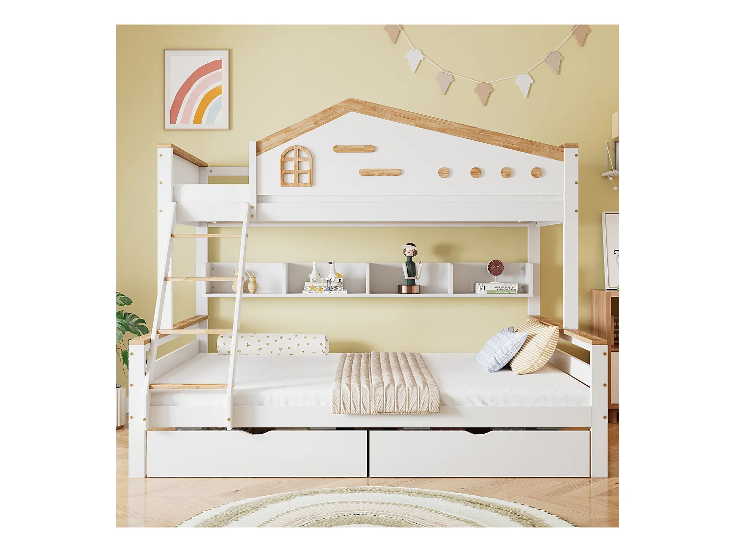 Lit superposé pour enfant - 90 x 200 cm + 140 x 200 cm - avec barrière de sécurité + 2 tiroirs - pin + MDF - blanc + naturel