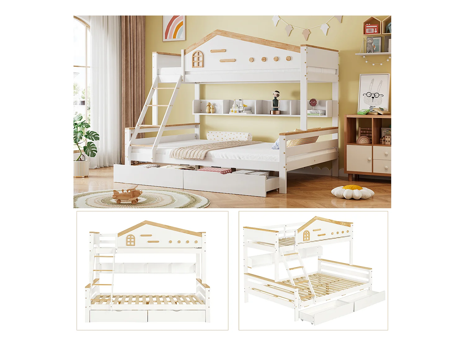 Lit superposé pour enfant - 90 x 200 cm + 140 x 200 cm - avec barrière de sécurité + 2 tiroirs - pin + MDF - blanc + naturel
