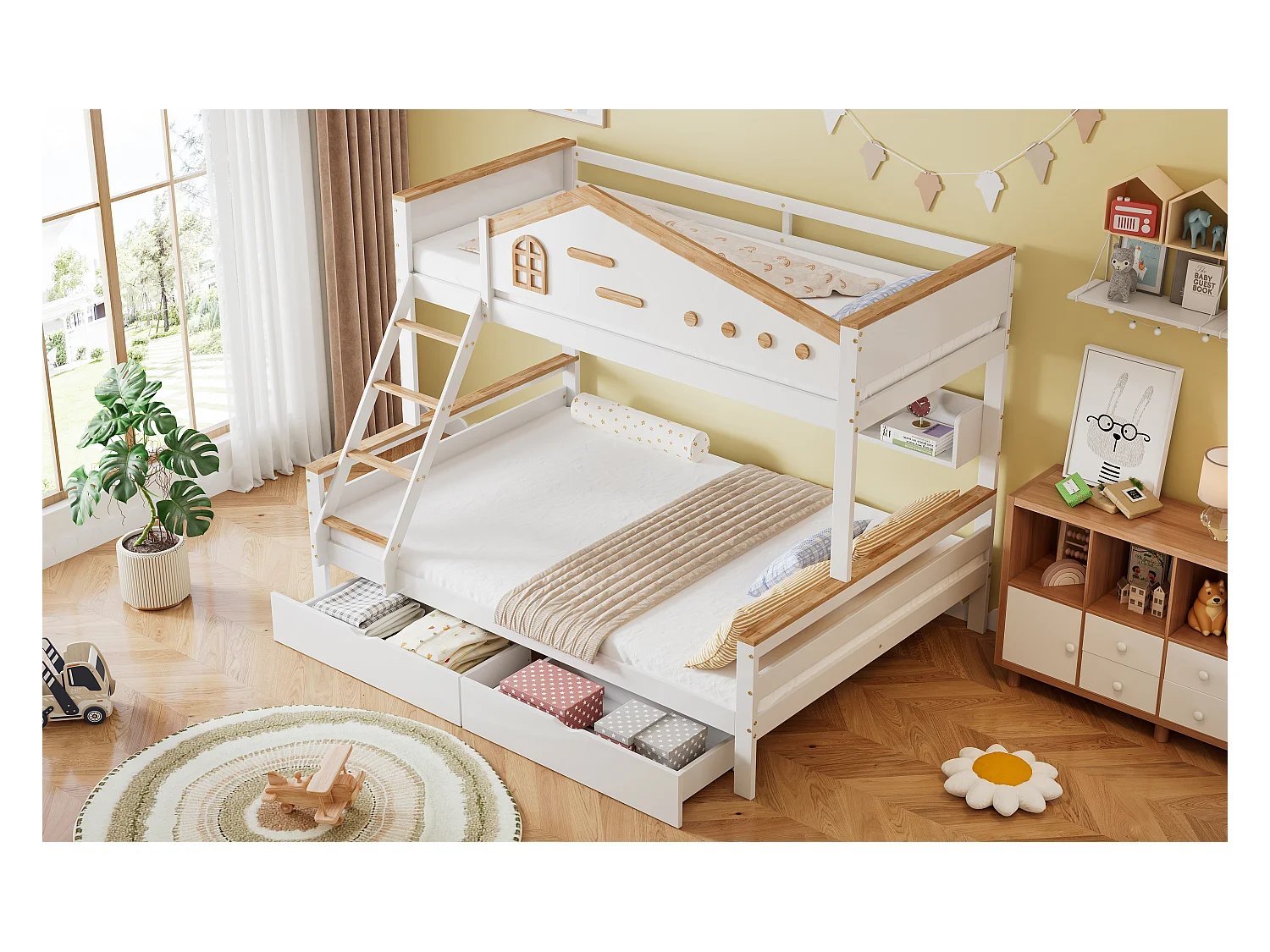 Lit superposé pour enfant - 90 x 200 cm + 140 x 200 cm - avec barrière de sécurité + 2 tiroirs - pin + MDF - blanc + naturel