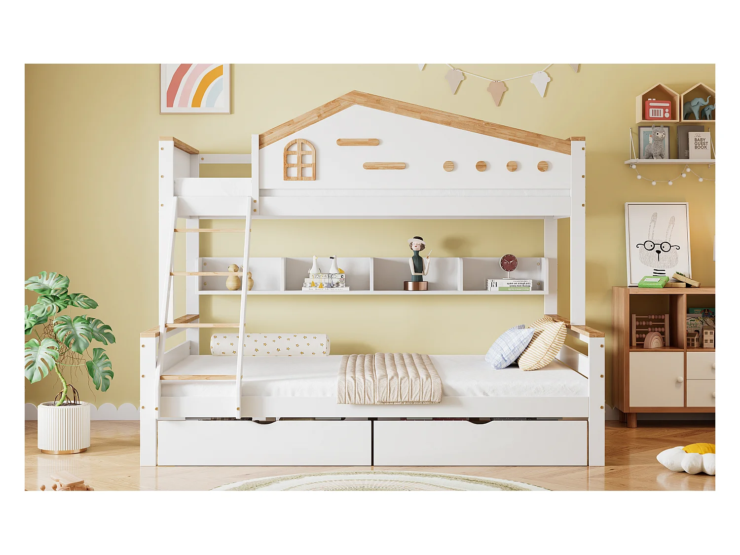 Lit superposé pour enfant - 90 x 200 cm + 140 x 200 cm - avec barrière de sécurité + 2 tiroirs - pin + MDF - blanc + naturel