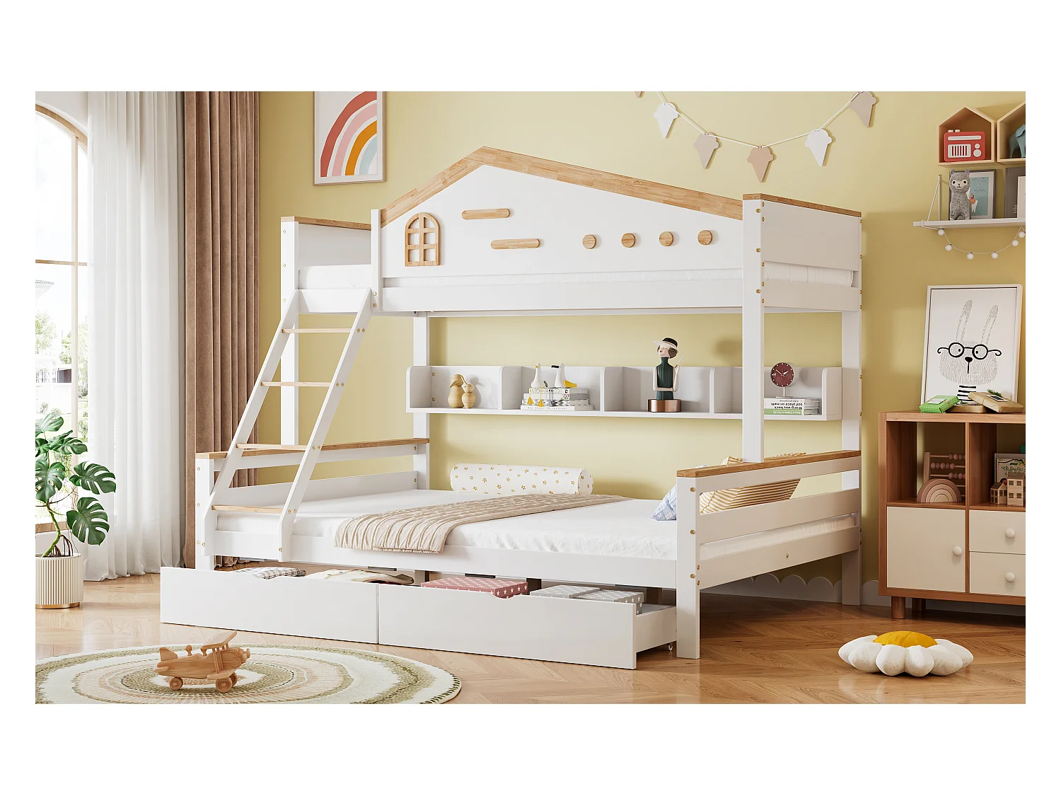 Lit superposé pour enfant - 90 x 200 cm + 140 x 200 cm - avec barrière de sécurité + 2 tiroirs - pin + MDF - blanc + naturel