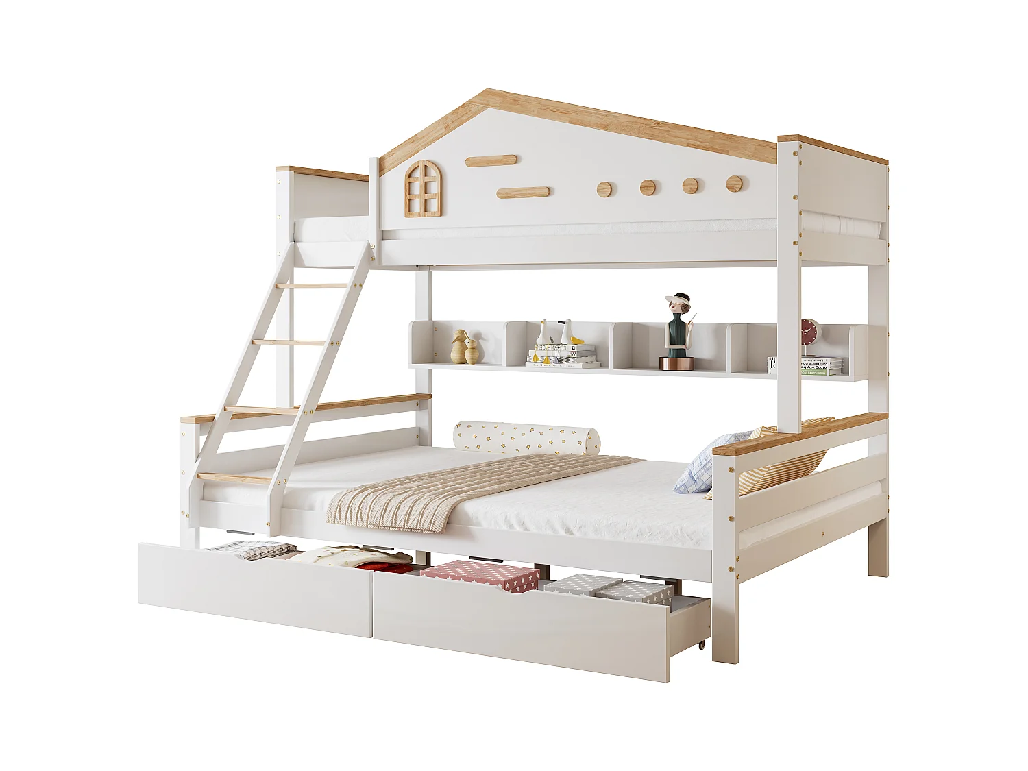 Lit superposé pour enfant - 90 x 200 cm + 140 x 200 cm - avec barrière de sécurité + 2 tiroirs - pin + MDF - blanc + naturel