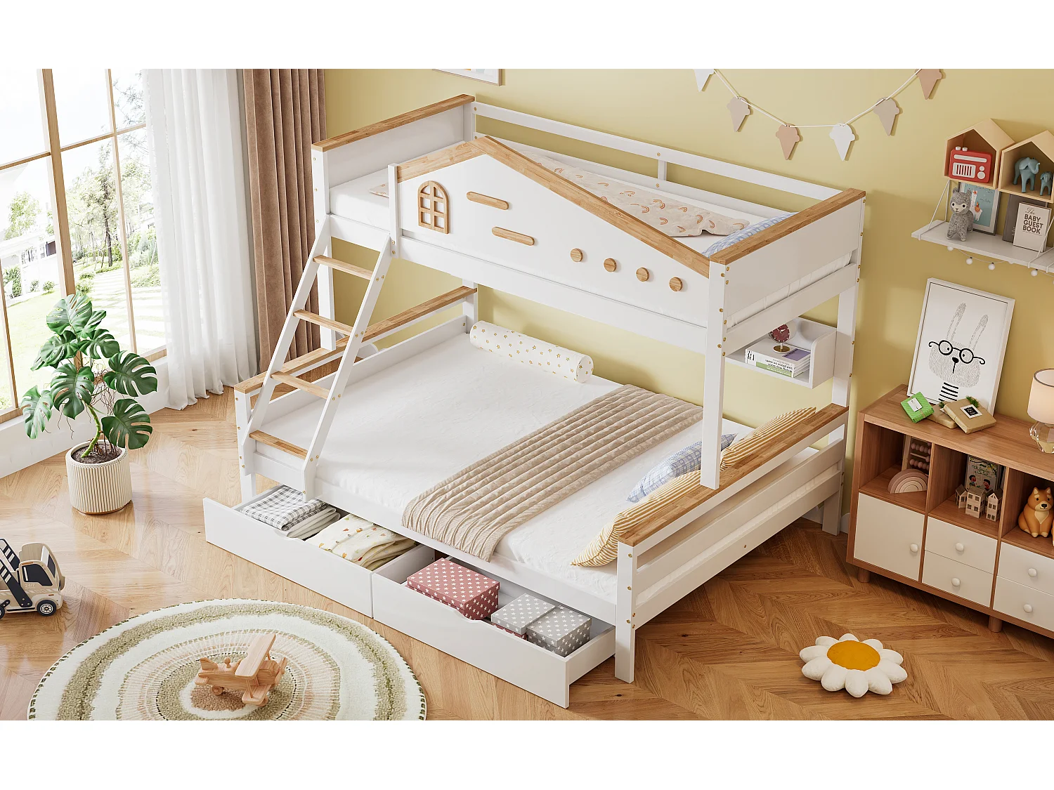 Letto a castello per bambini - 90 x 200 cm + 140 x 200 cm - con sponda di sicurezza + 2 cassetti - pino + MDF - bianco + naturale