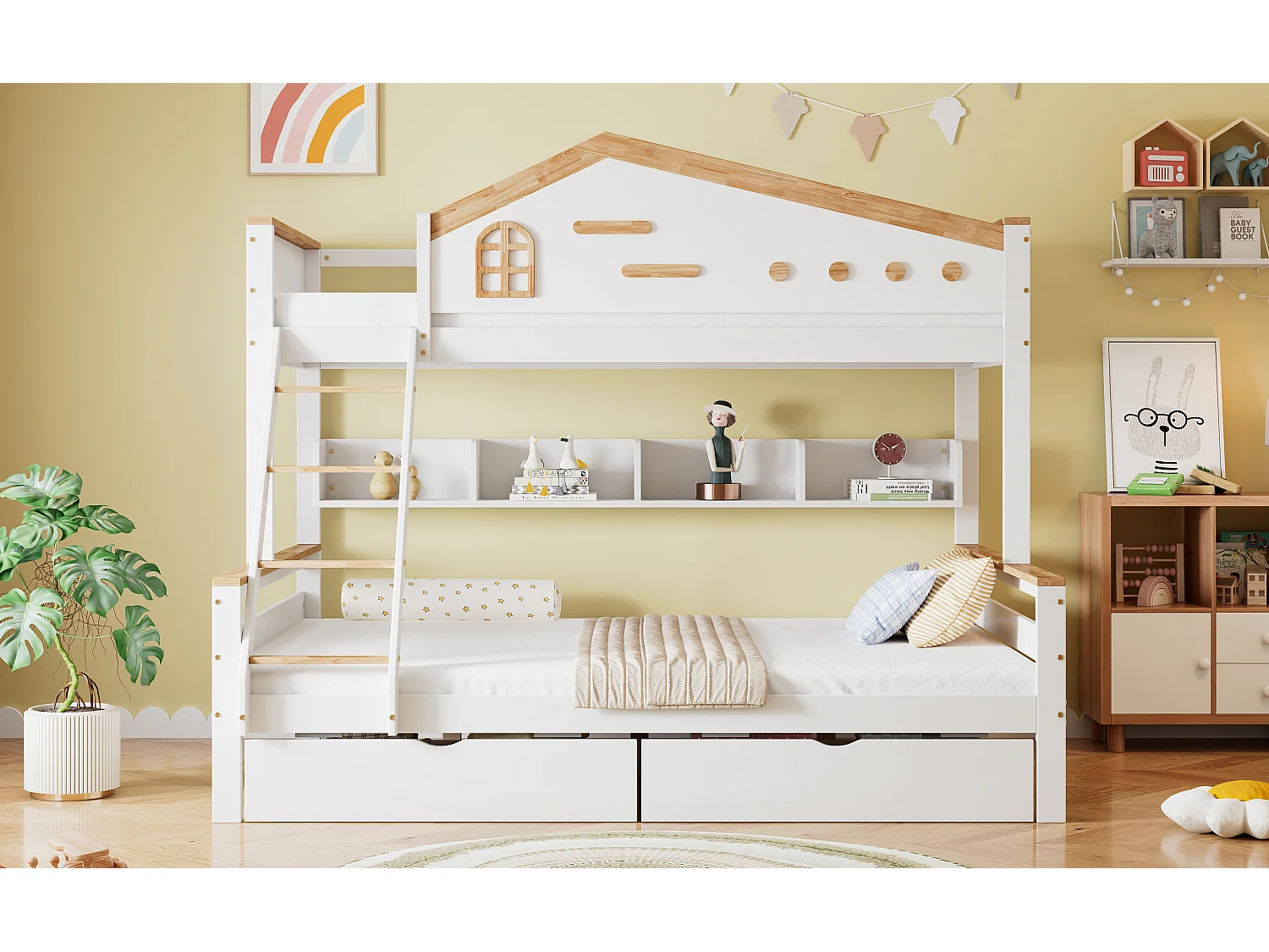 Letto a castello per bambini - 90 x 200 cm + 140 x 200 cm - con sponda di sicurezza + 2 cassetti - pino + MDF - bianco + naturale