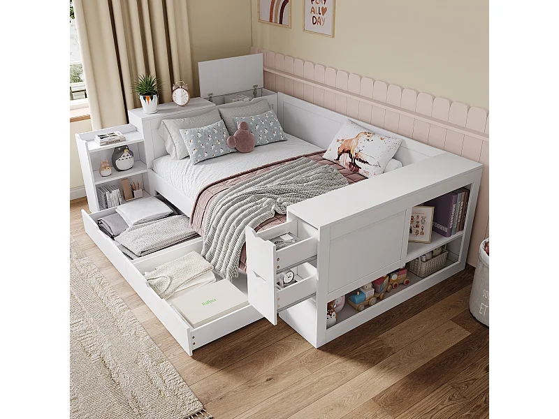 Lit coffre pour enfant - 140 x 200 cm - banquette-lit avec 3 tiroirs- avec tables de chevet - MDF - blanc