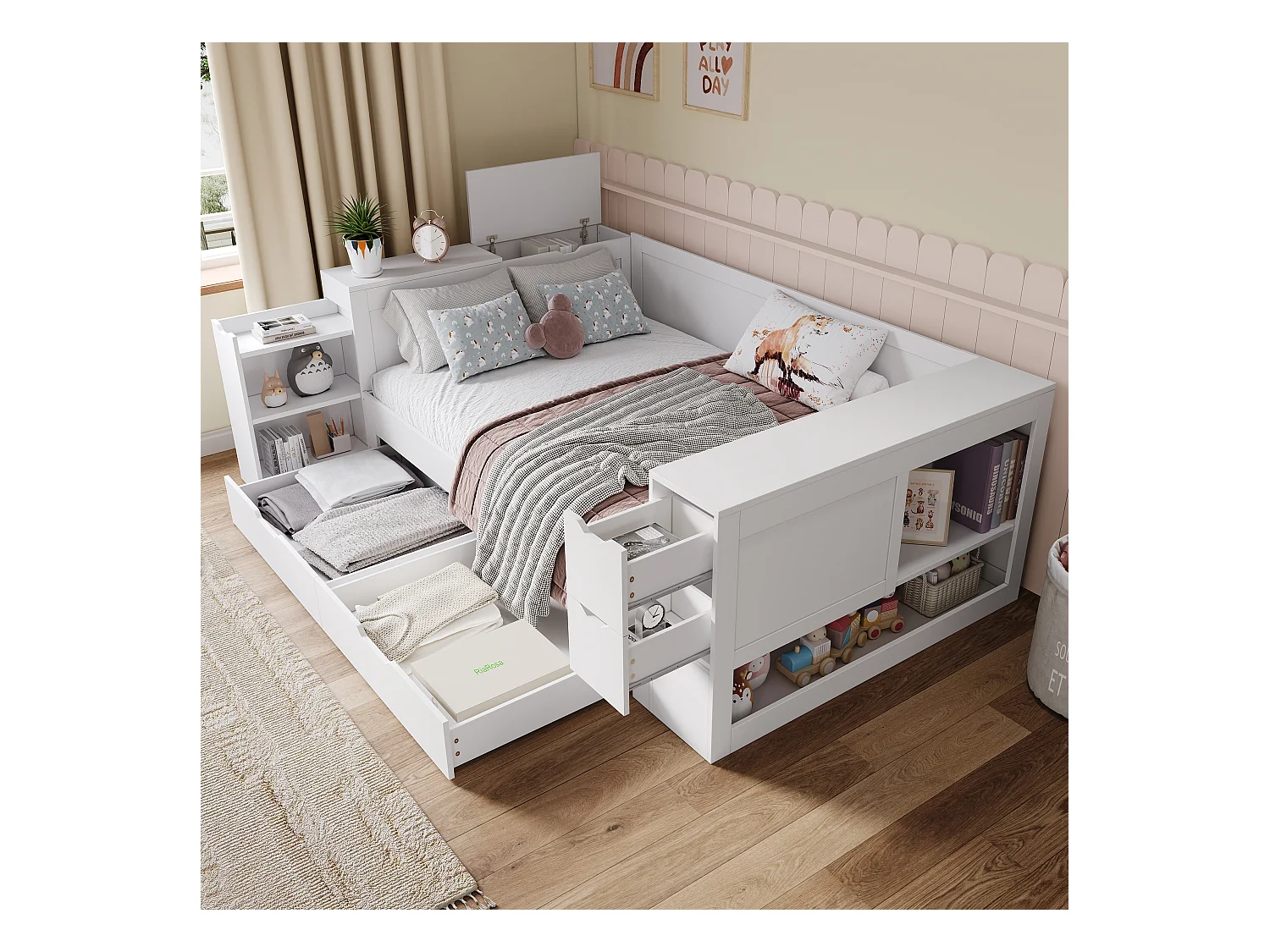 Kinderbed met opbergruimte - 140 x 200 cm - slaapbank met 3 lades - met nachtkastjes - MDF - wit