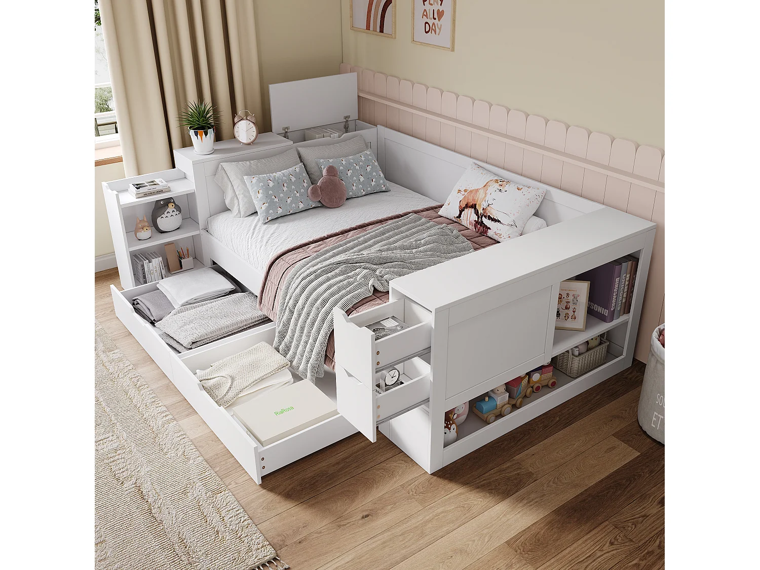 Kinderbett mit Stauraum – 140 x 200 cm – Tagesbett mit 3 Schubladen – mit Nachttischen – MDF – weiß