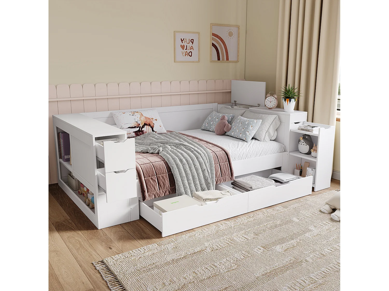 Kinderbett mit Stauraum – 140 x 200 cm – Tagesbett mit 3 Schubladen – mit Nachttischen – MDF – weiß