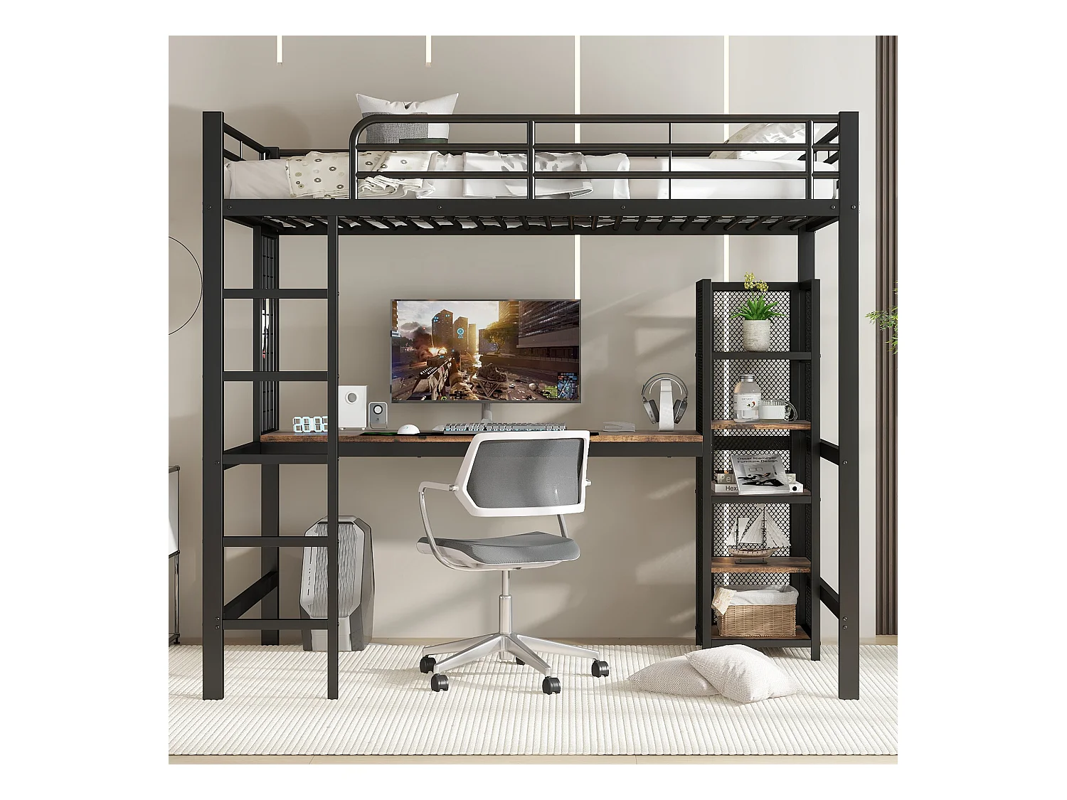 Eisen-Hochbett, 90 x 200 cm, mit Tisch und Ablageflächen, MDF + Metall, Schwarz
