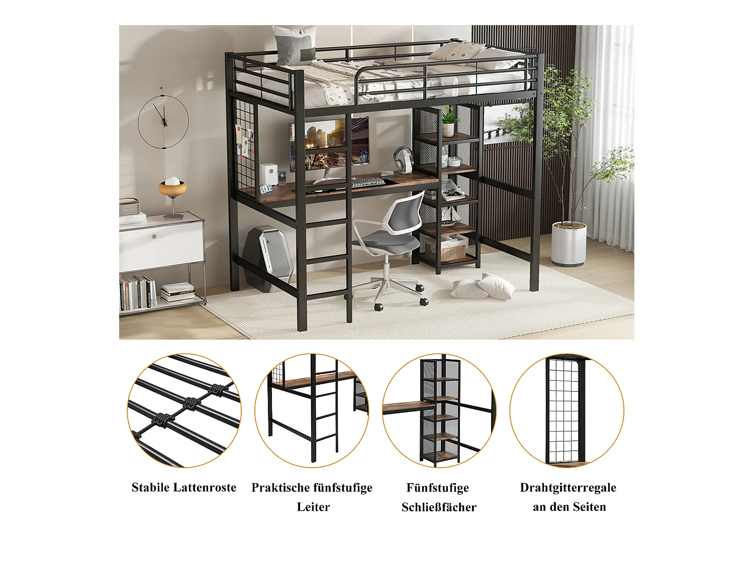 IJzeren hoogslaper - 90 x 200 cm - met tafel en opbergplanken - MDF + metaal - Zwart