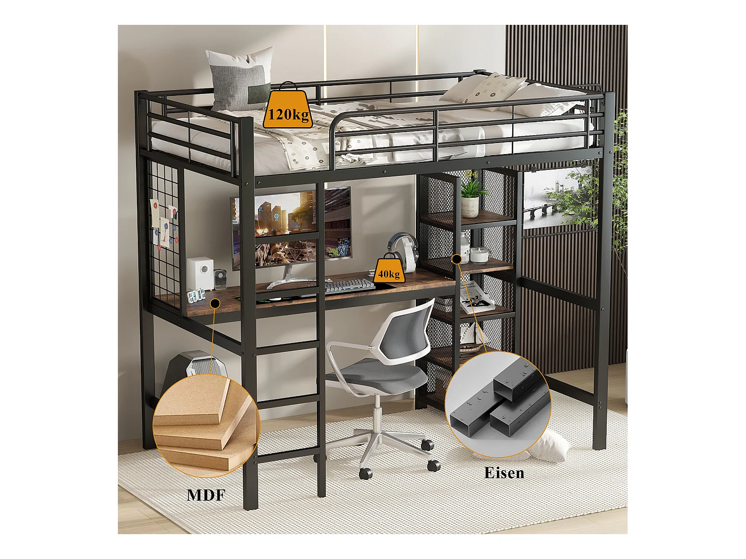 IJzeren hoogslaper - 90 x 200 cm - met tafel en opbergplanken - MDF + metaal - Zwart