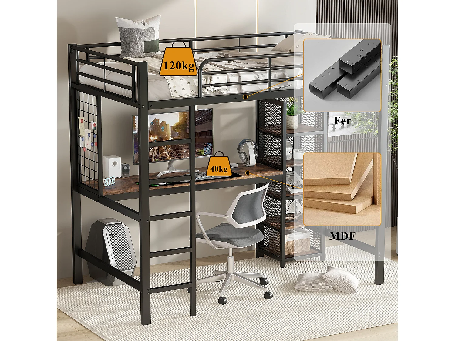 Łóżko piętrowe z żelaza - 90 x 200 cm - ze stołem i półkami do przechowywania - MDF + Metal - Czarny