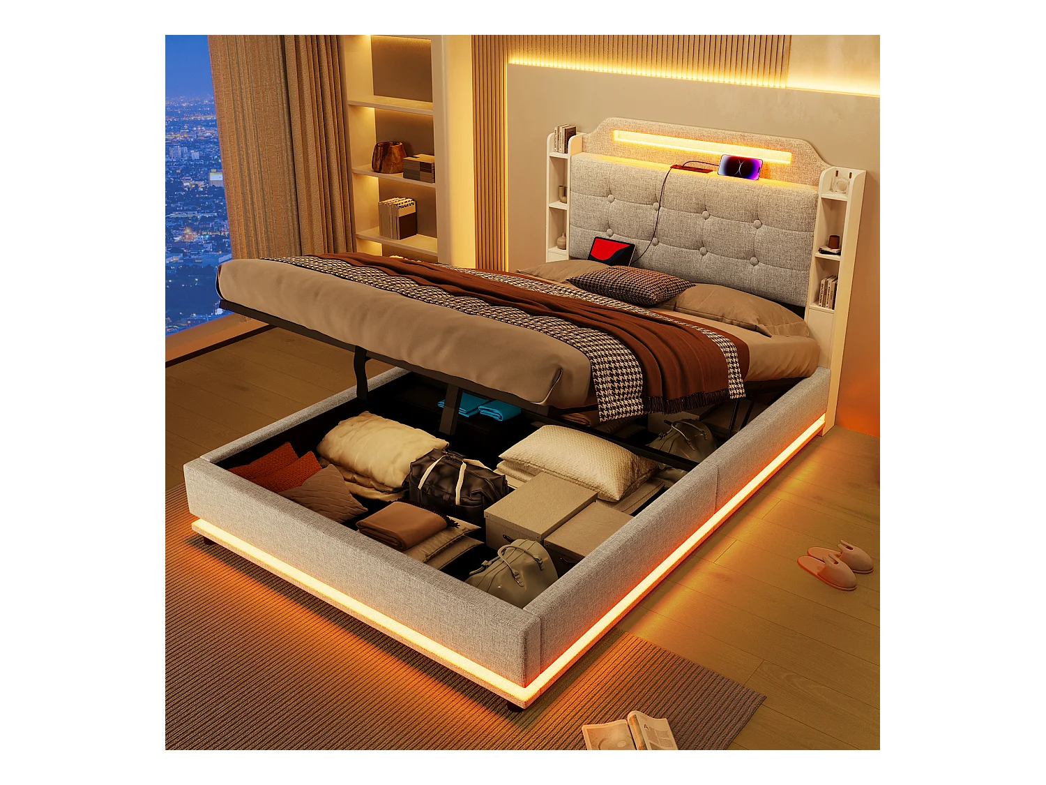 Lit coffre rembourré - 140 x 200 cm - avec Leds + USB + TYPE-C - tête de lit avec rangements - lin - beige