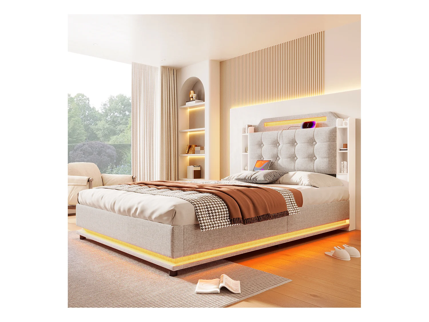 Lit coffre rembourré - 140 x 200 cm - avec Leds + USB + TYPE-C - tête de lit avec rangements - lin - beige