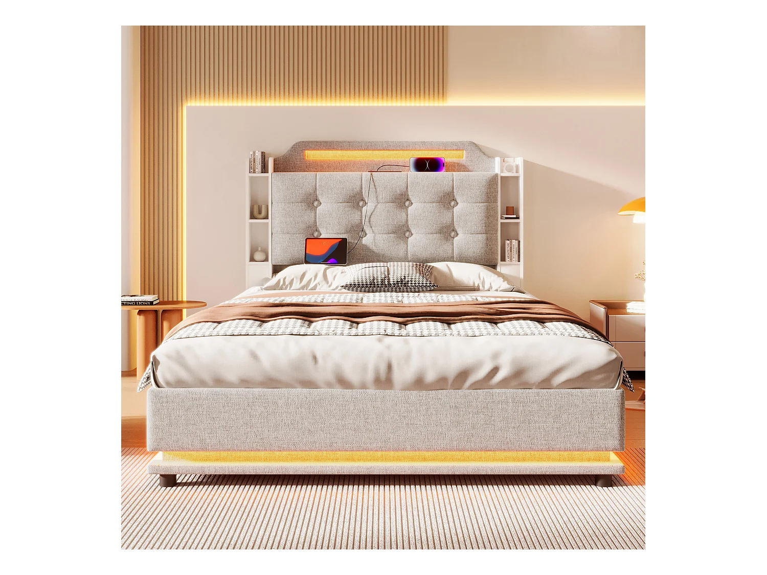 Lit coffre rembourré - 140 x 200 cm - avec Leds + USB + TYPE-C - tête de lit avec rangements - lin - beige