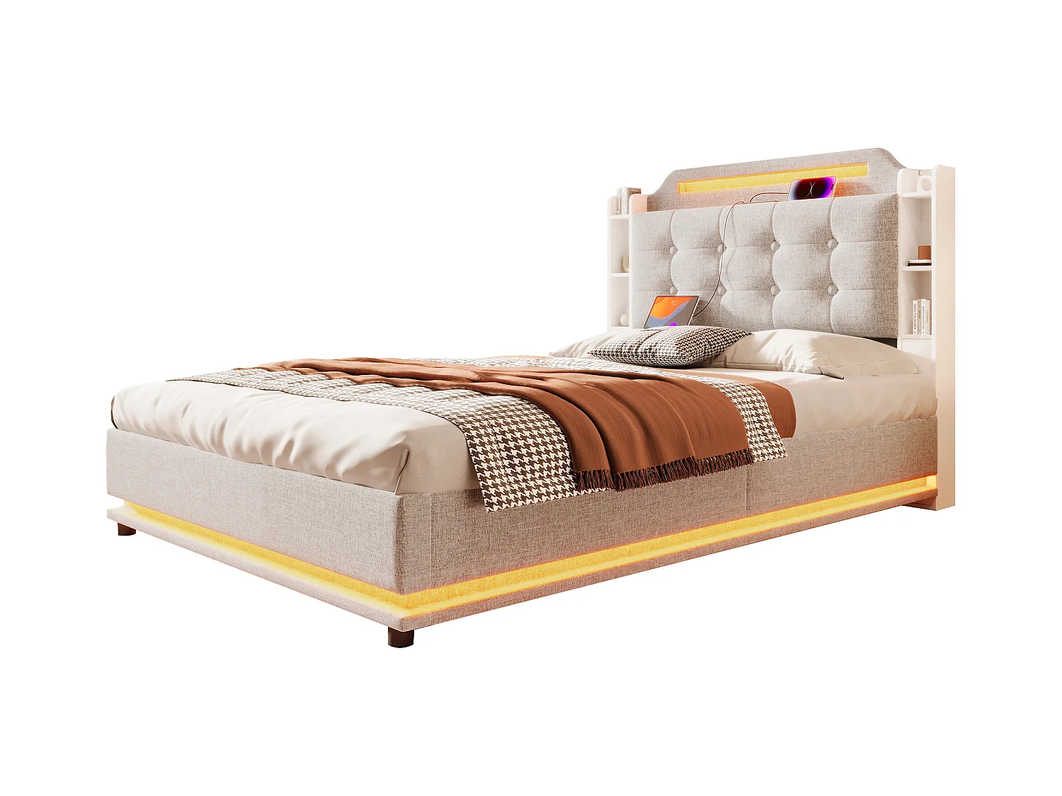 Lit coffre rembourré - 140 x 200 cm - avec Leds + USB + TYPE-C - tête de lit avec rangements - lin - beige