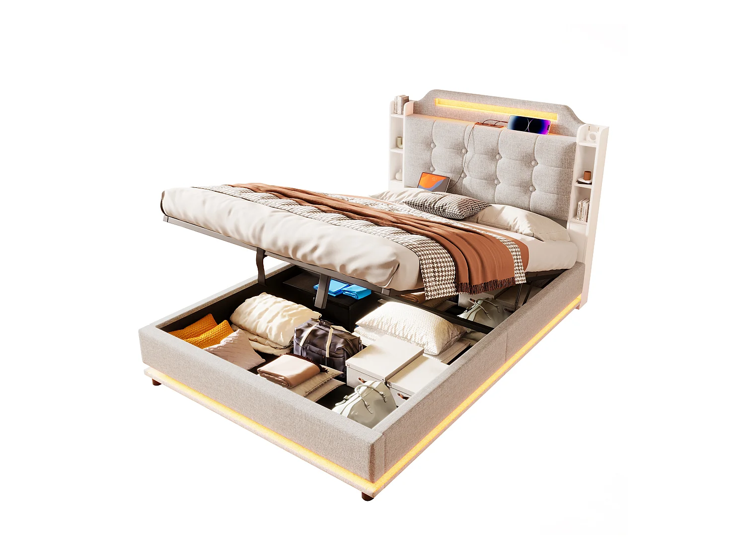 Lit coffre rembourré - 140 x 200 cm - avec Leds + USB + TYPE-C - tête de lit avec rangements - lin - beige